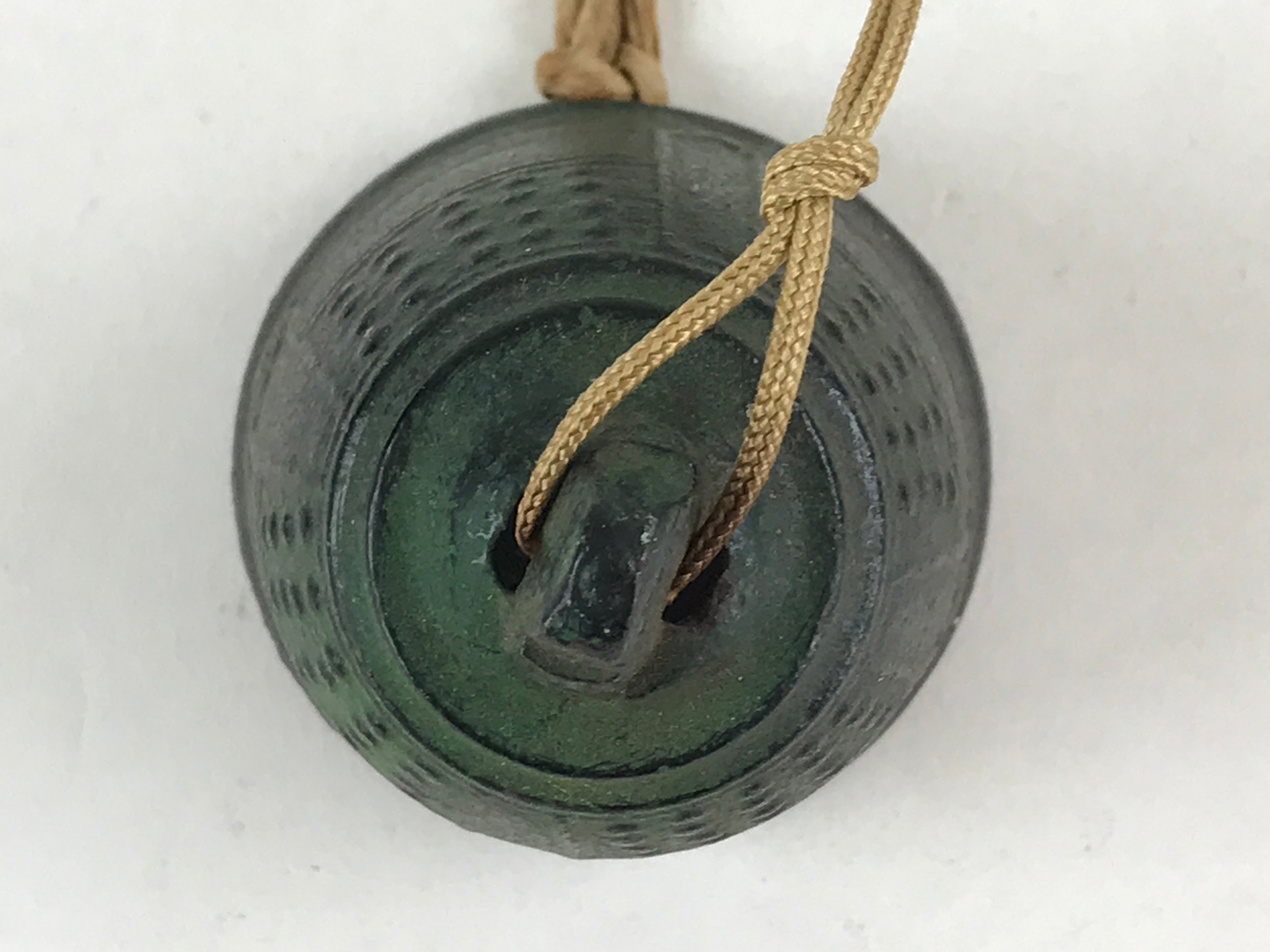 Japanese Iron Furin Wind Chime Tetsurin Vtg Green String Ring Iwate Nanbu DR499