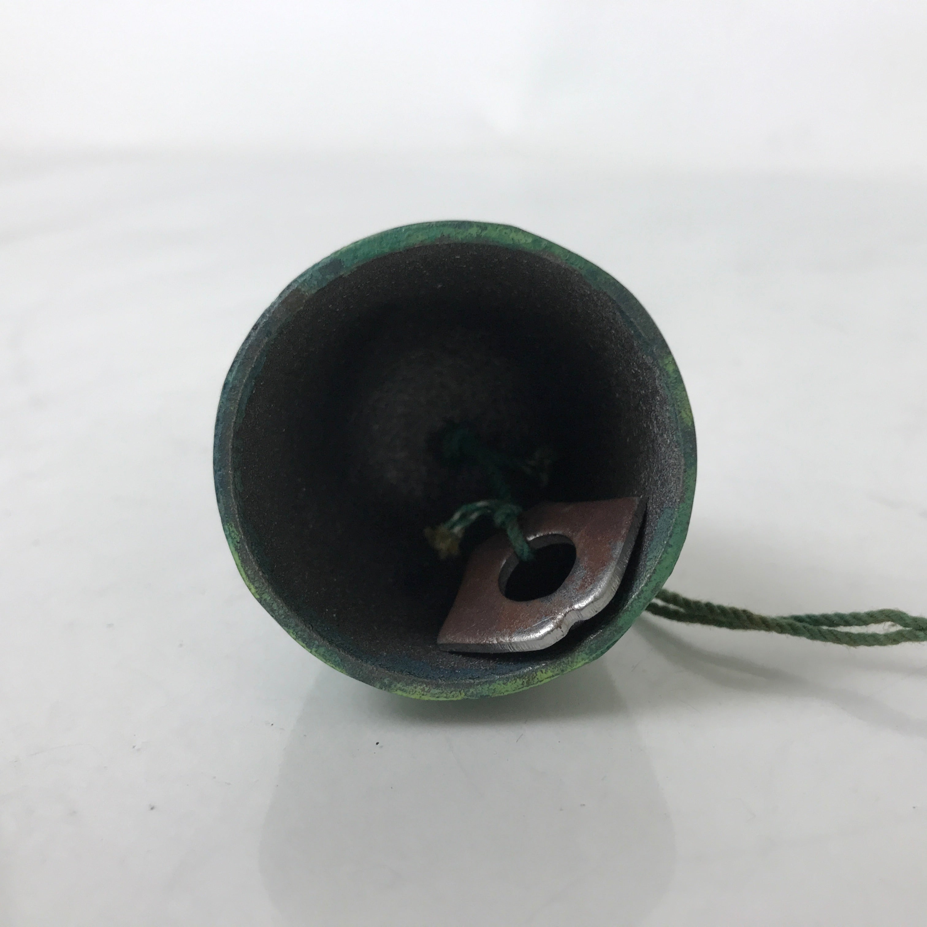 Japanese Iron Furin Wind Chime Tetsurin Vtg Green String Ring Iwate Nanbu DR569