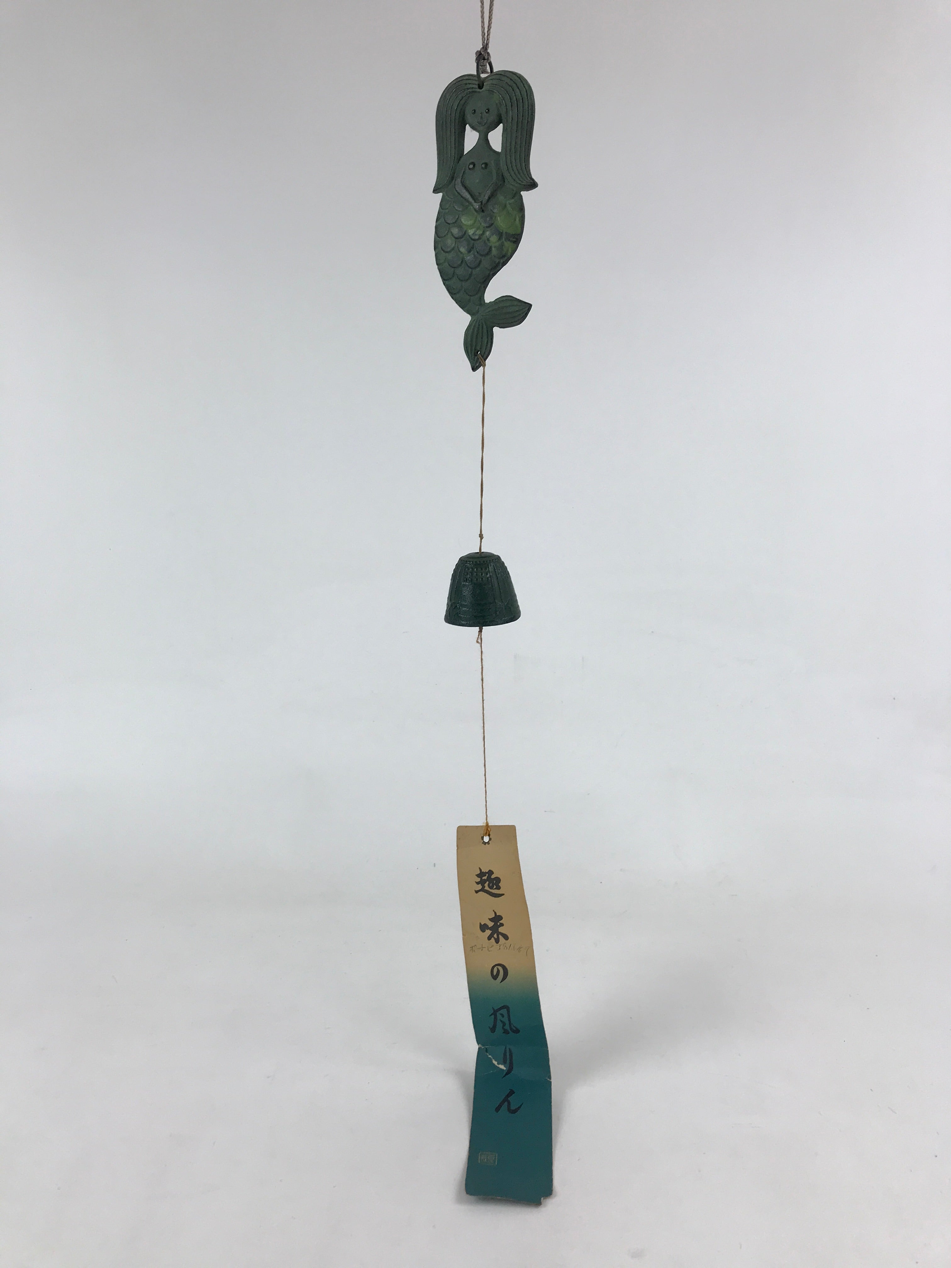 Japanese Iron Furin Wind Chime Tetsurin Vtg Mermaid Kanji Green String DR488