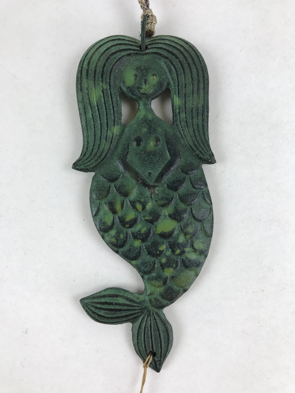 Japanese Iron Furin Wind Chime Tetsurin Vtg Mermaid Kanji Green String DR488