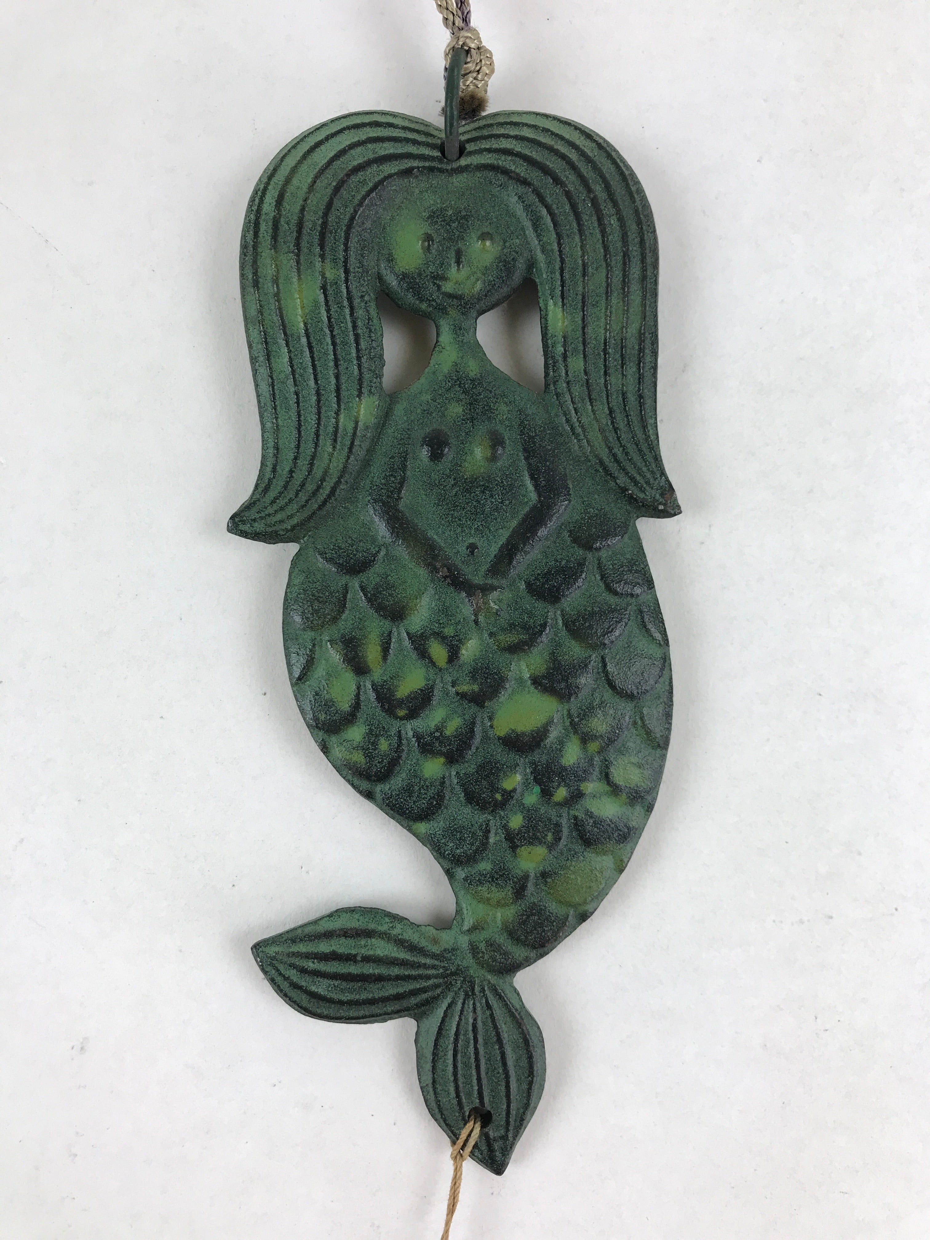 Japanese Iron Furin Wind Chime Tetsurin Vtg Mermaid Kanji Green String DR488