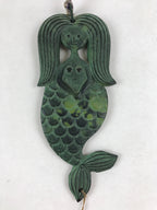 Japanese Iron Furin Wind Chime Tetsurin Vtg Mermaid Kanji Green String DR488