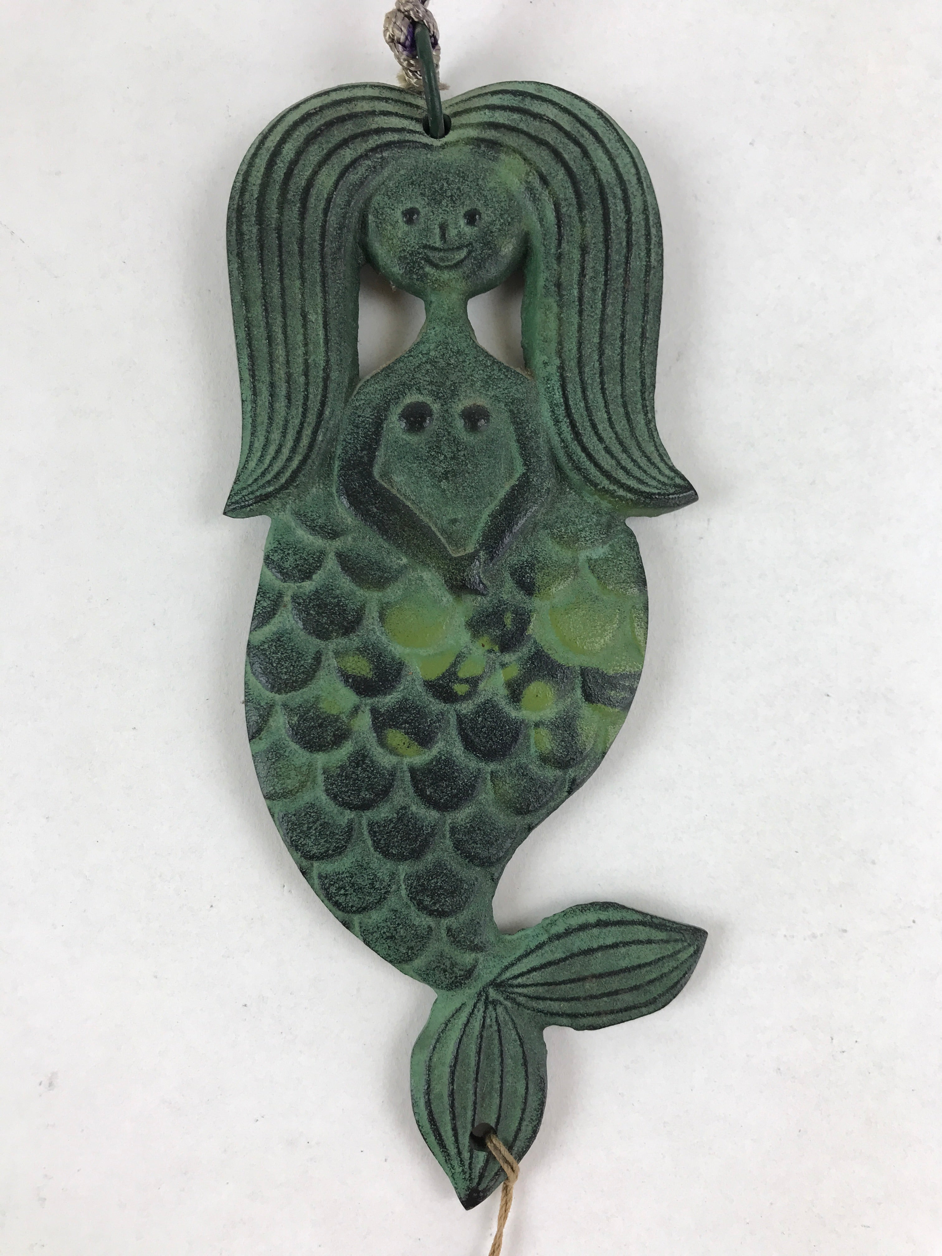Japanese Iron Furin Wind Chime Tetsurin Vtg Mermaid Kanji Green String DR488