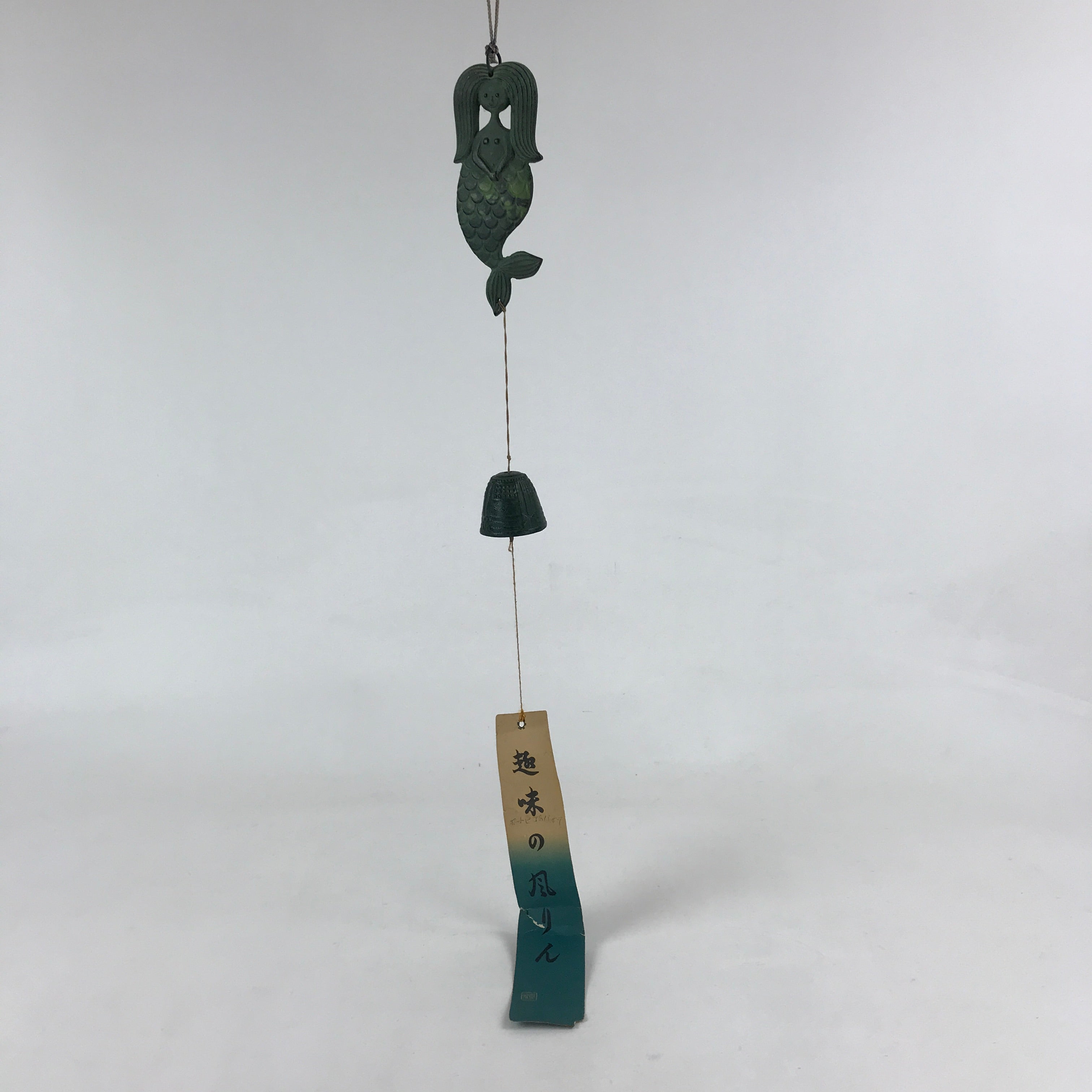 Japanese Iron Furin Wind Chime Tetsurin Vtg Mermaid Kanji Green String DR488
