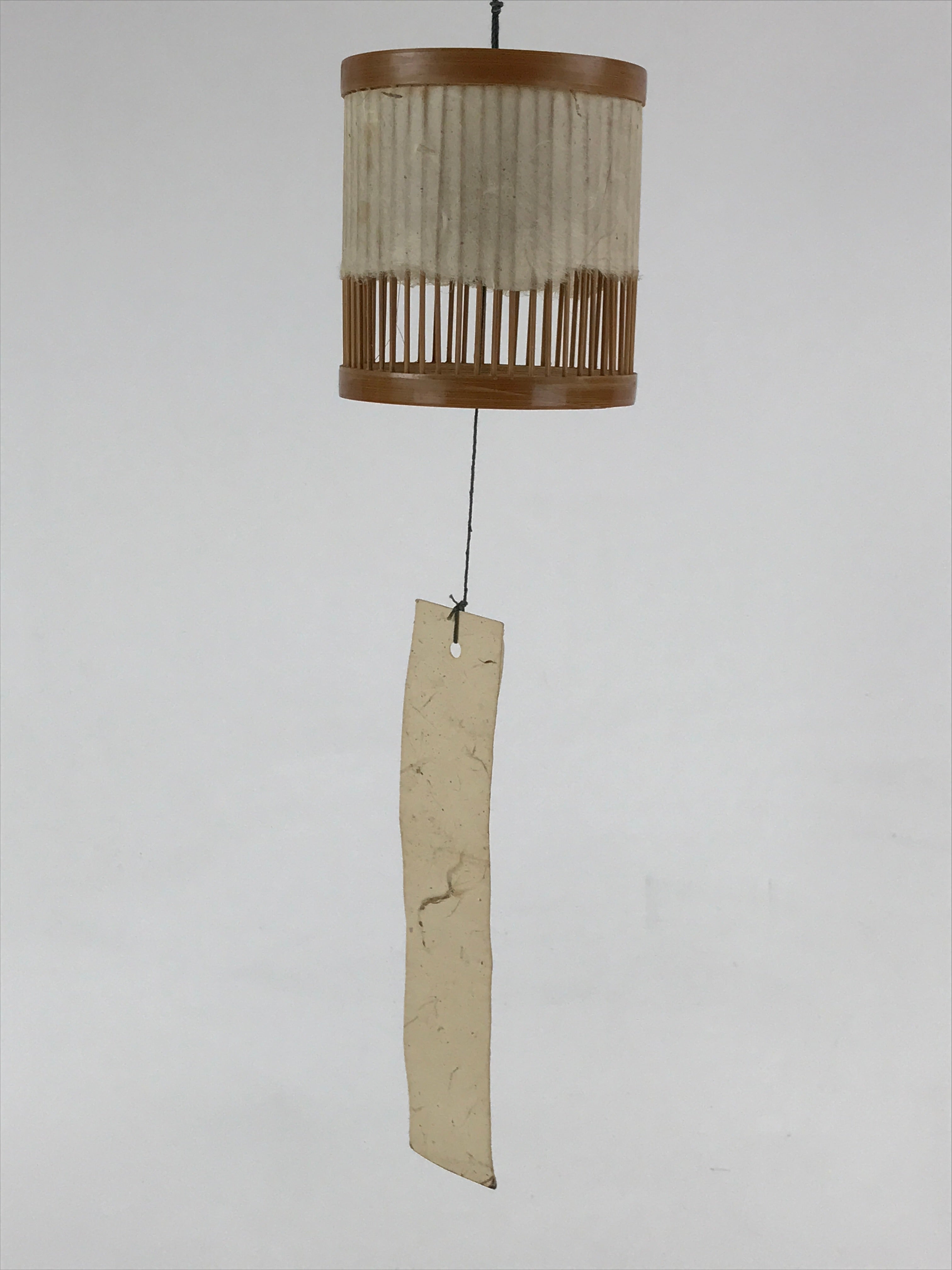 Japanese Iron Furin Wind Chime Vtg Bamboo Shade Brown Green Paper DR490