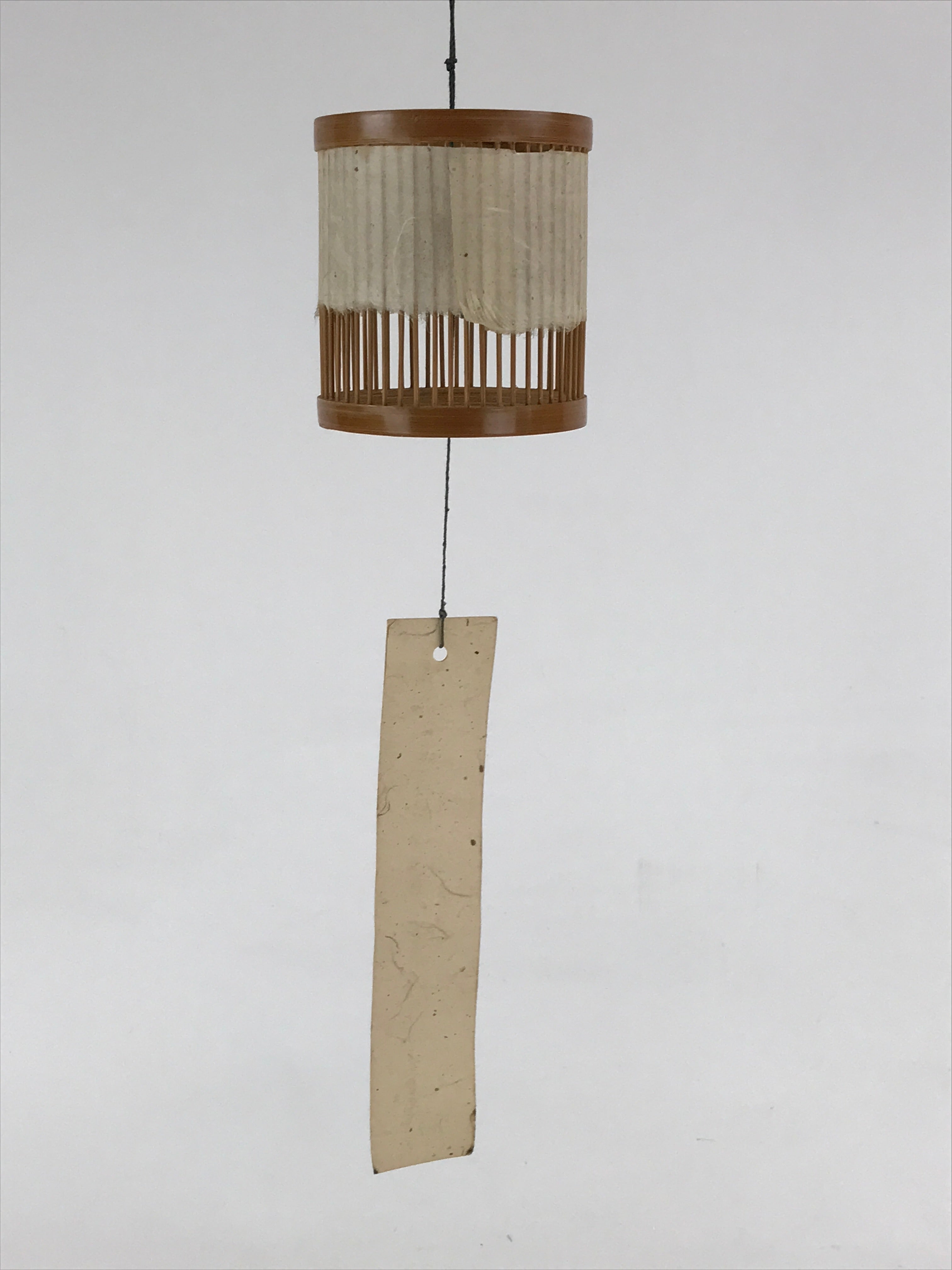 Japanese Iron Furin Wind Chime Vtg Bamboo Shade Brown Green Paper DR490