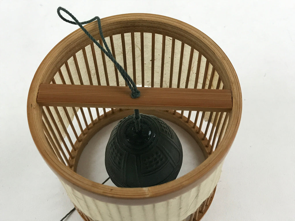 Japanese Iron Furin Wind Chime Vtg Bamboo Shade Brown Green Paper DR490
