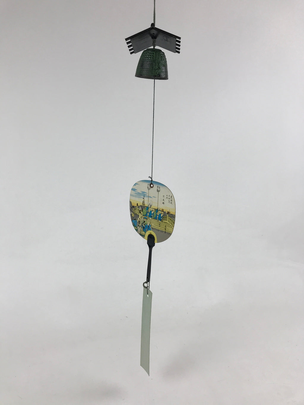 Japanese Iron Furin Wind Chime Vtg Roof Fan Uchiwa Bridge Green Kanji Vtg DR492