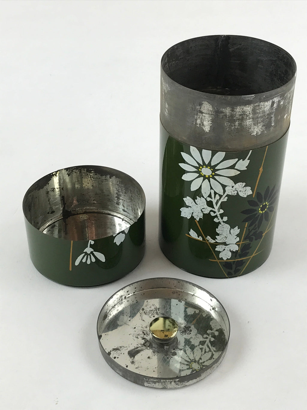Japanese Iron Tea Caddy Lidded Tea Container Vtg Chazutsu Cylindrical Green JK53