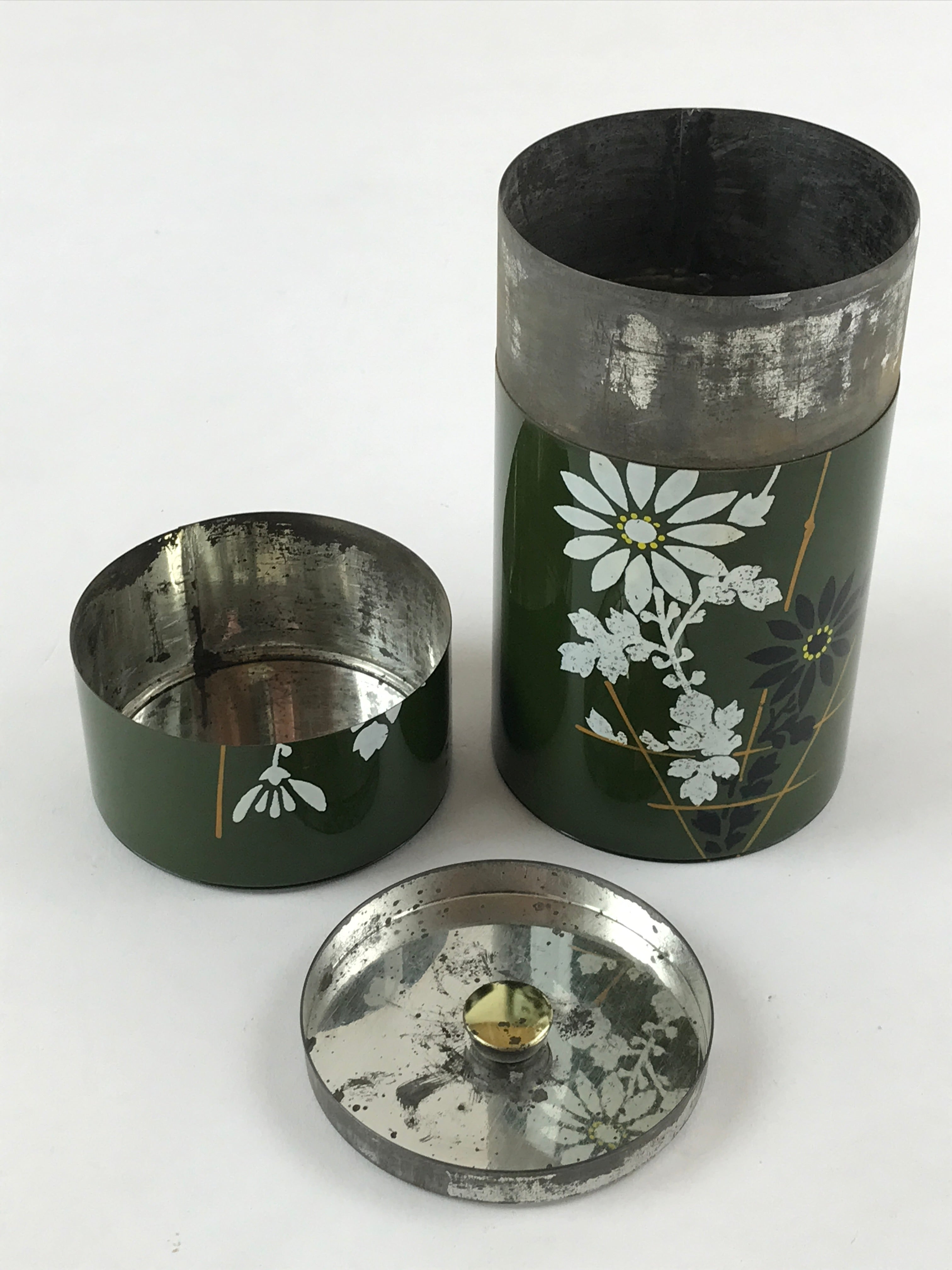 Japanese Iron Tea Caddy Lidded Tea Container Vtg Chazutsu Cylindrical Green JK53
