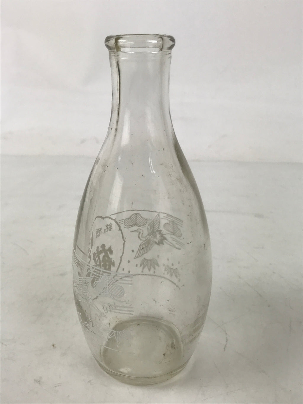 Japanese Itou Tsuru Brand Glass Sake Bottle Tokkuri Vtg Crane Pine Tree TS821
