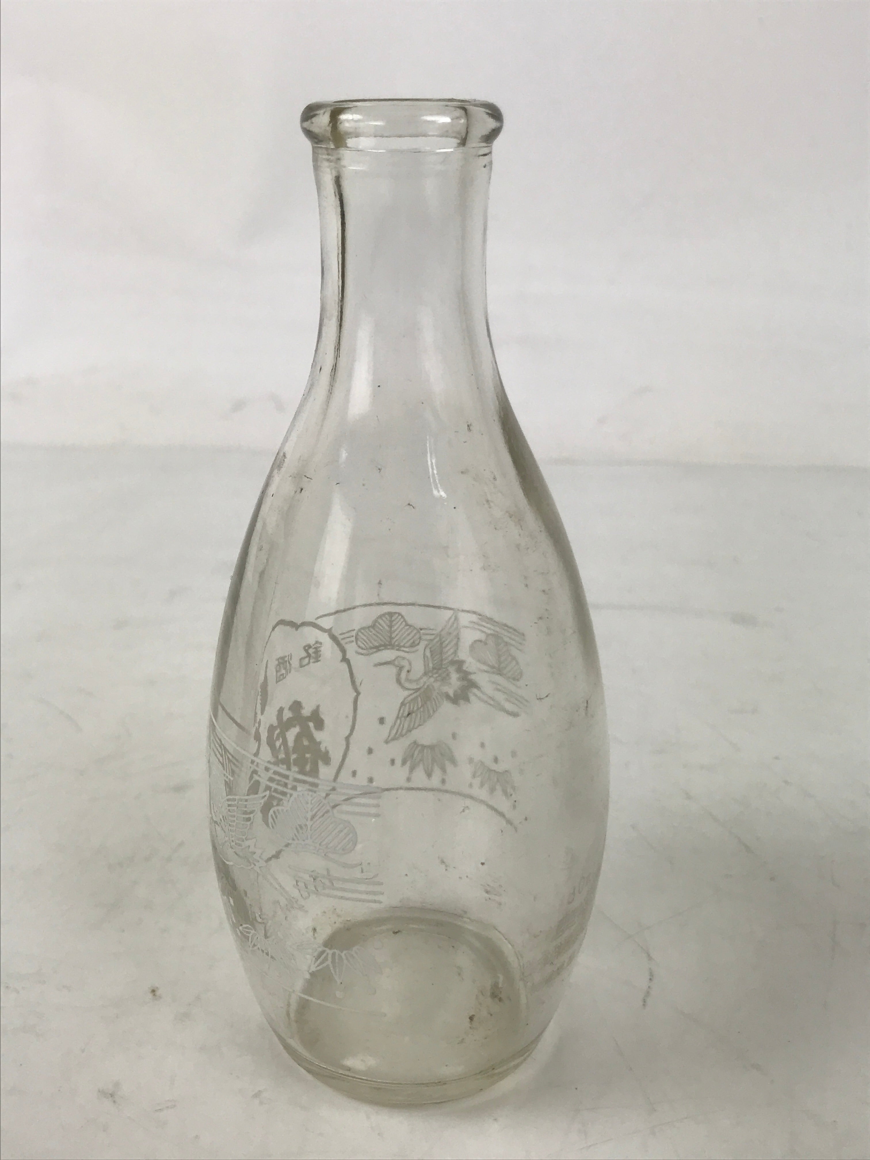 Japanese Itou Tsuru Brand Glass Sake Bottle Tokkuri Vtg Crane Pine Tree TS821