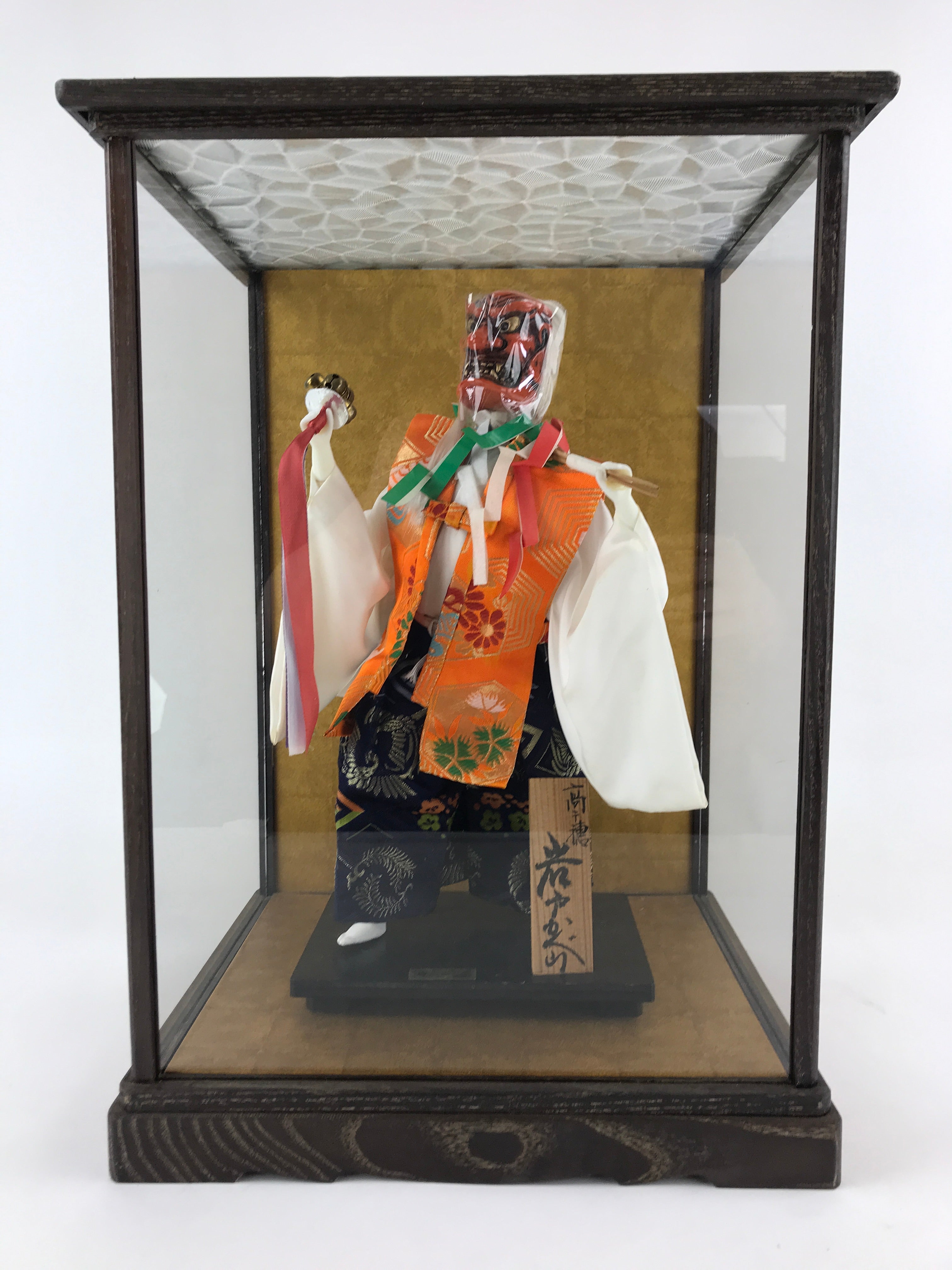 Japanese Iwato Kagura Tengu Doll Glass Case Display Vtg Ningyo Figurine BD900