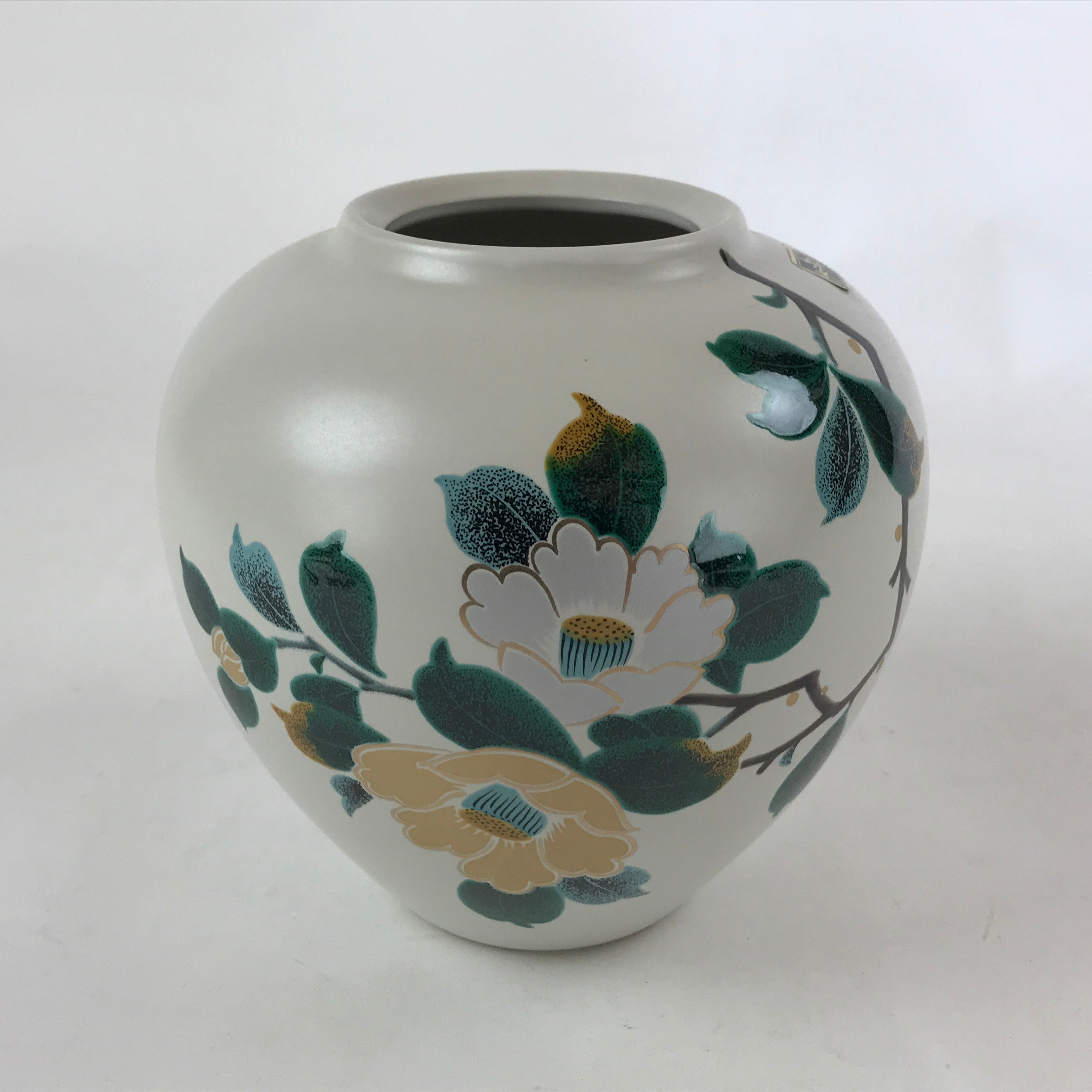 Japanese Kaga Kutani Ware Round Vase Vtg Kabin White Camellia Flowers Box PX704