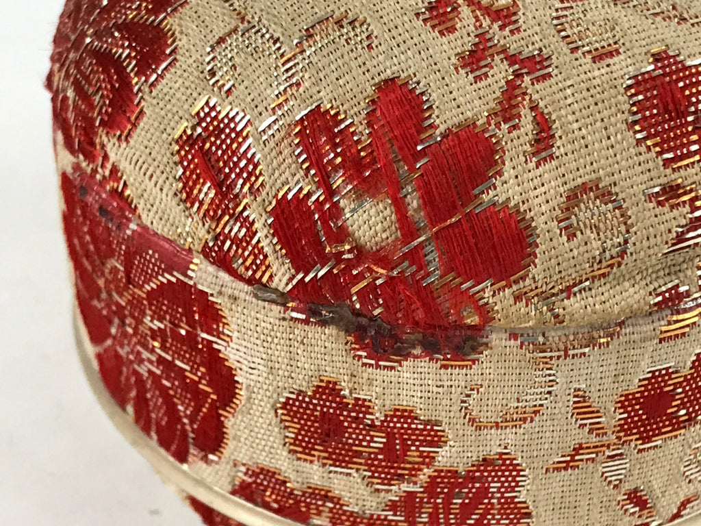 Japanese Kimono Fabric Trinket Box Vtg Round Padded Lid Komono Ire Red JK665