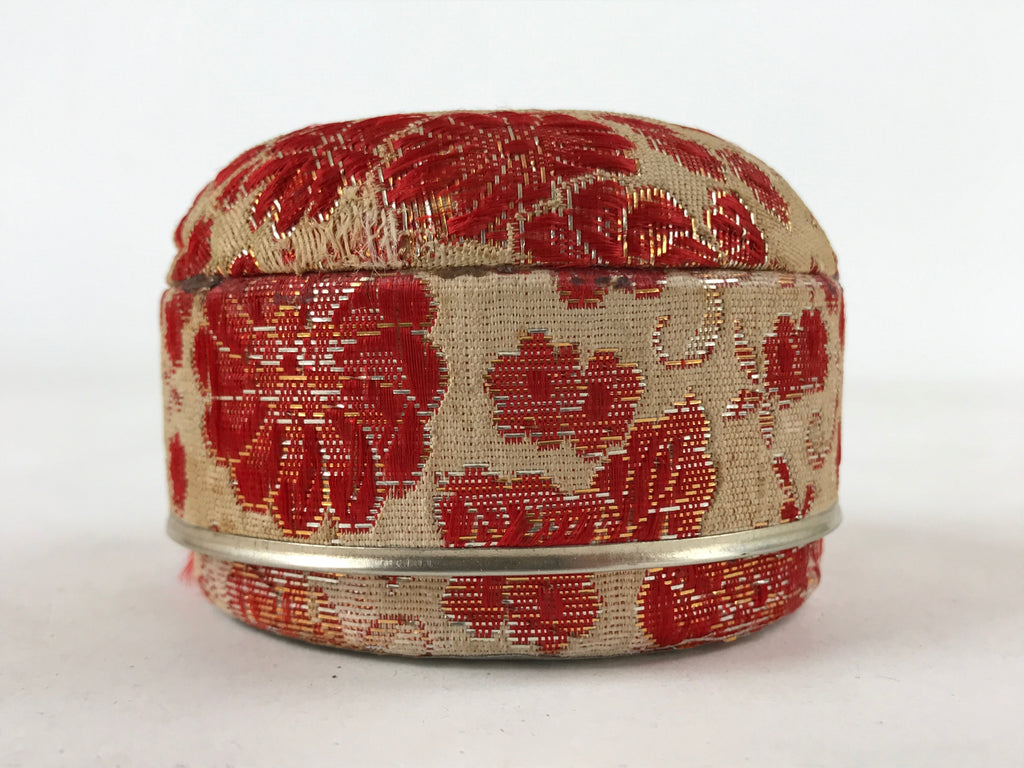 Japanese Kimono Fabric Trinket Box Vtg Round Padded Lid Komono Ire Red JK665