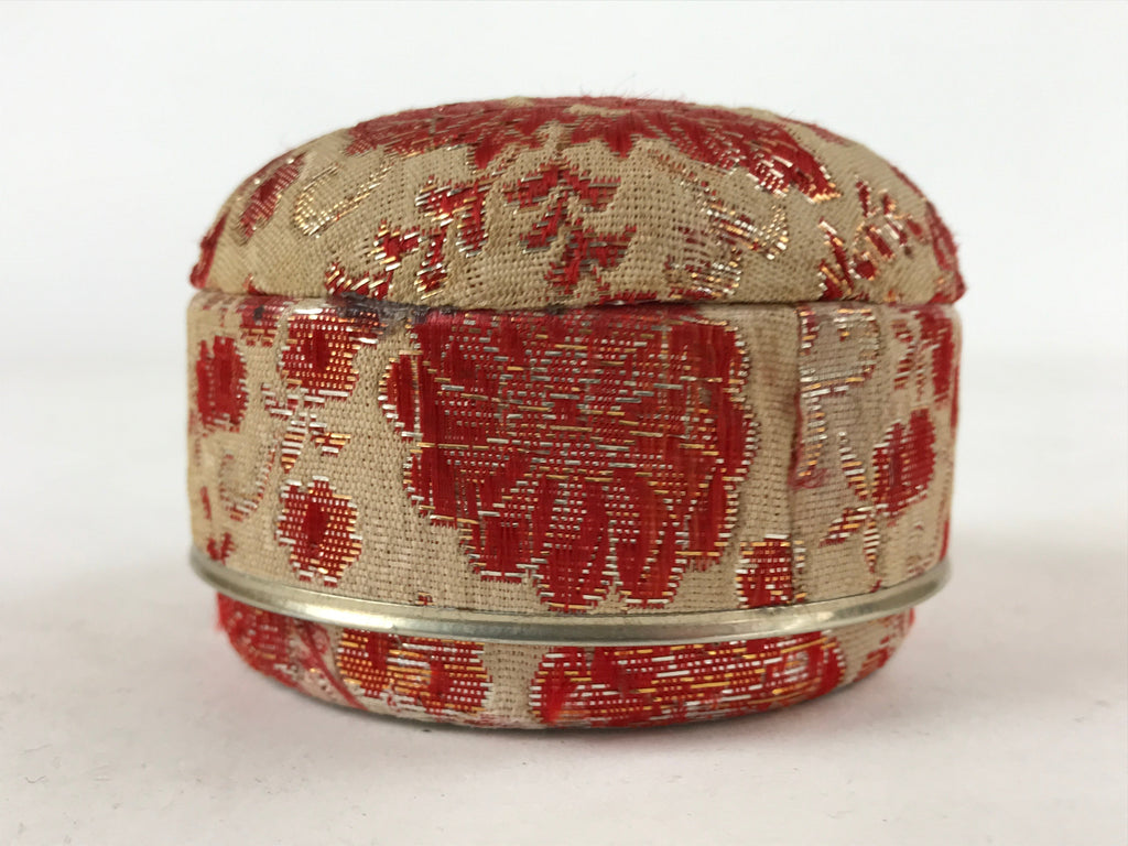 Japanese Kimono Fabric Trinket Box Vtg Round Padded Lid Komono Ire Red JK665