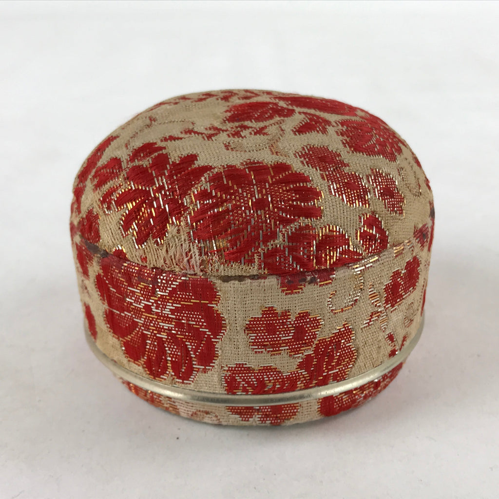 Japanese Kimono Fabric Trinket Box Vtg Round Padded Lid Komono Ire Red JK665