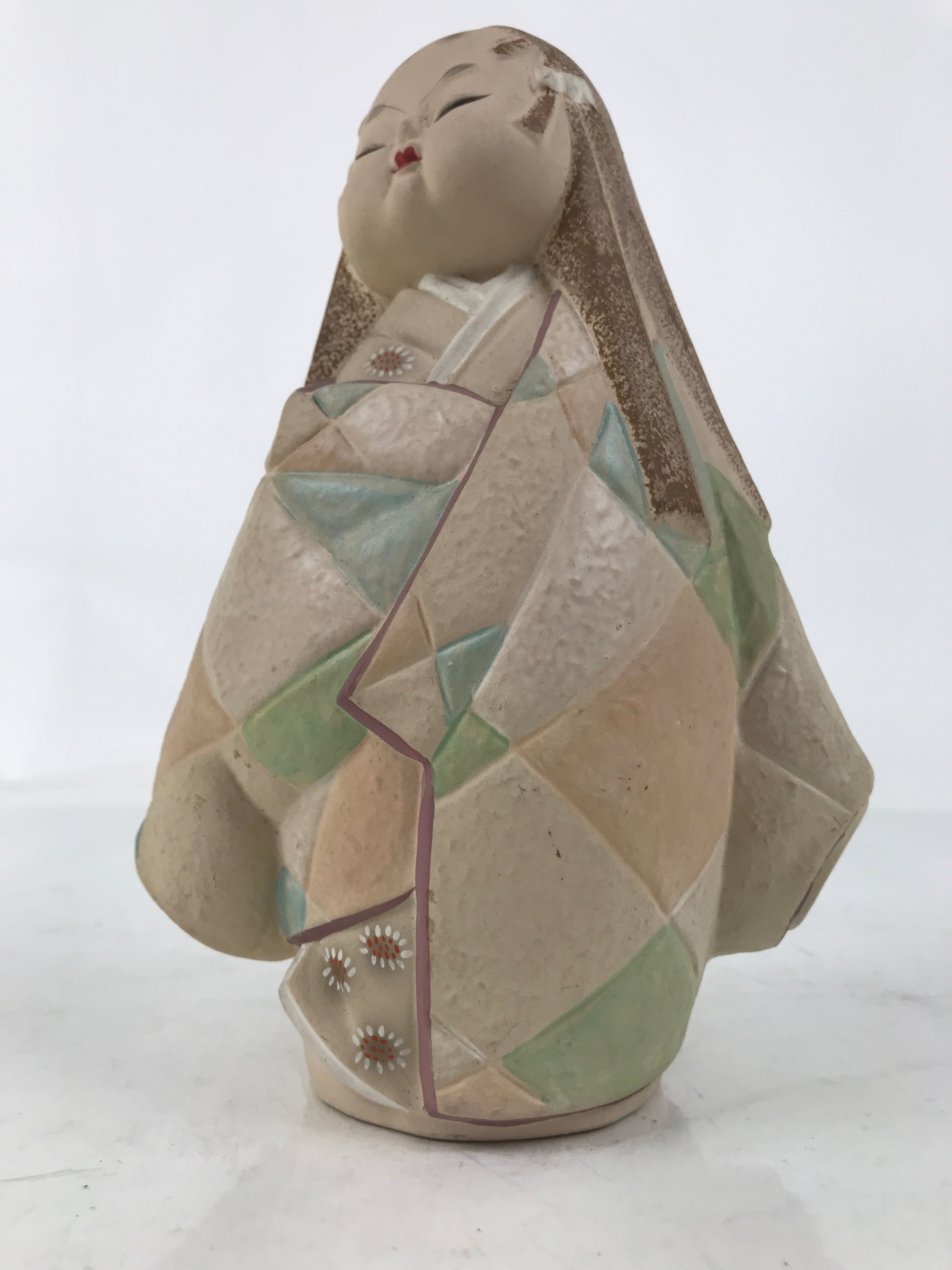 Japanese Kimono Girl Clay Doll Vtg Ningyo Figurine Long Hair Beige ST42