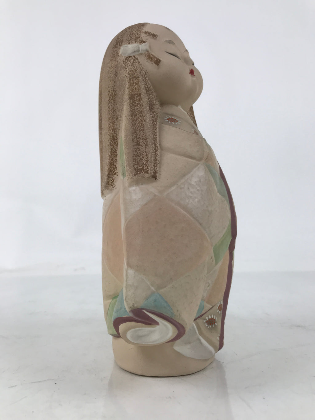 Japanese Kimono Girl Clay Doll Vtg Ningyo Figurine Long Hair Beige ST42