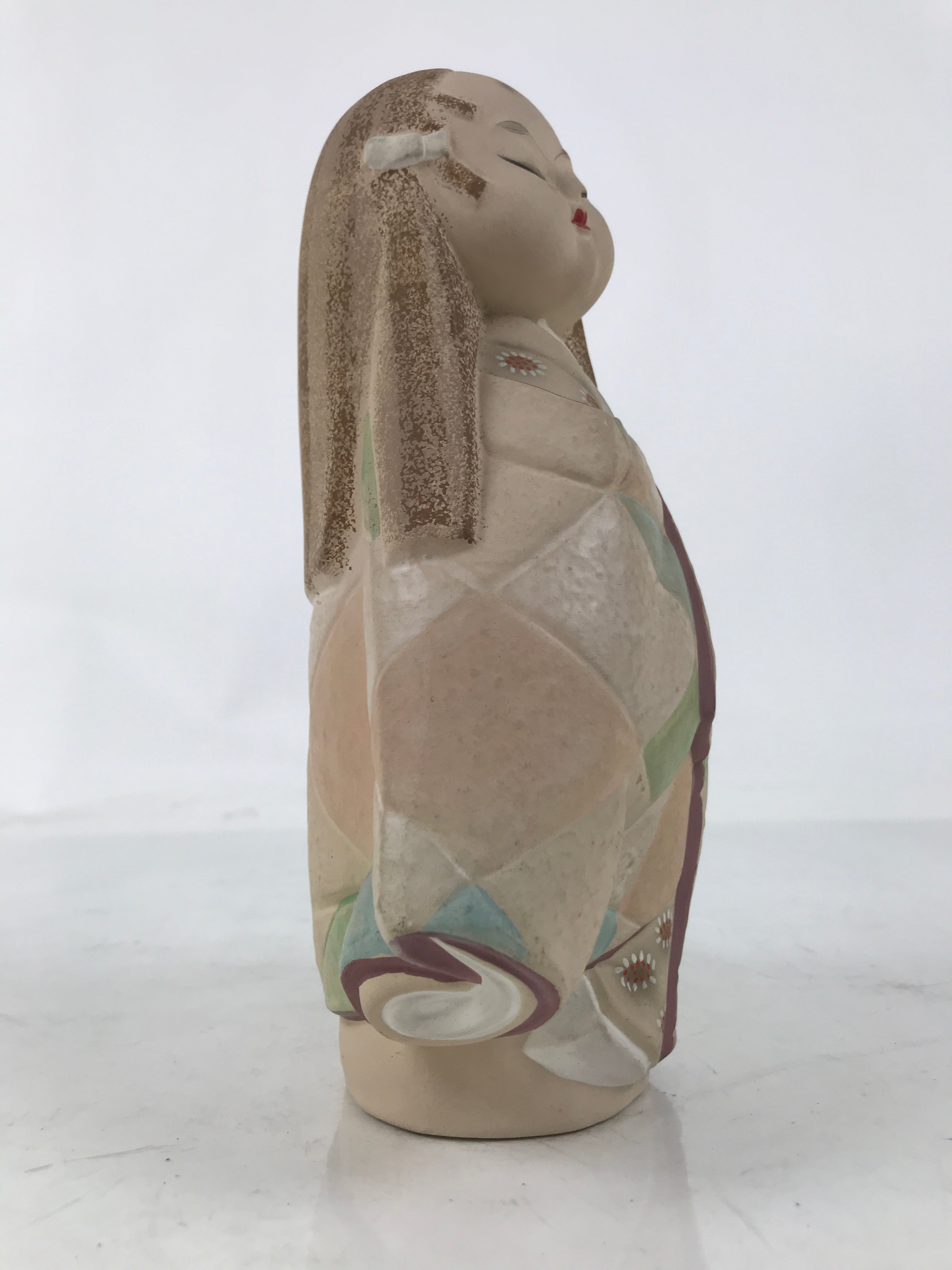 Japanese Kimono Girl Clay Doll Vtg Ningyo Figurine Long Hair Beige ST42
