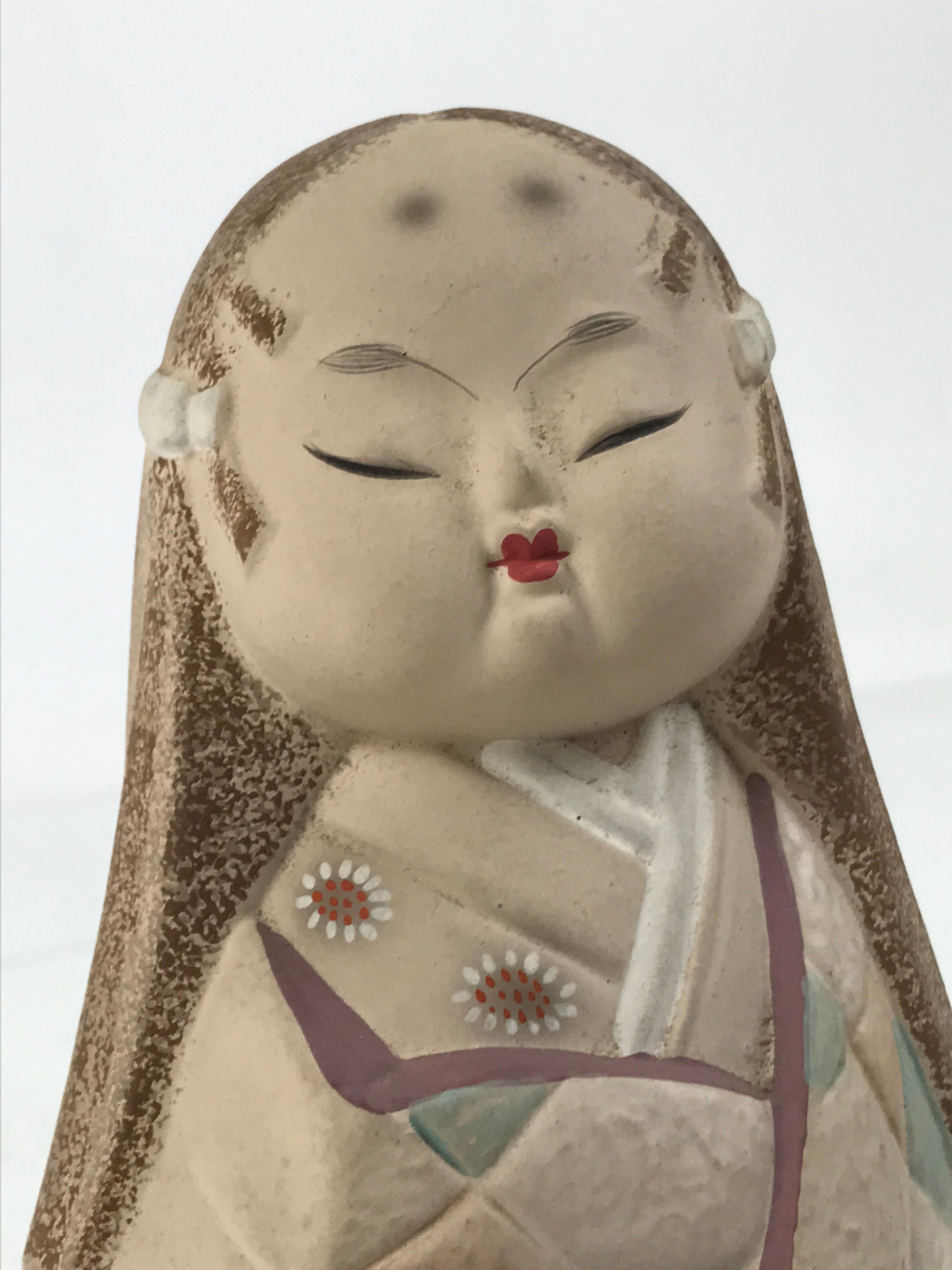 Japanese Kimono Girl Clay Doll Vtg Ningyo Figurine Long Hair Beige ST42