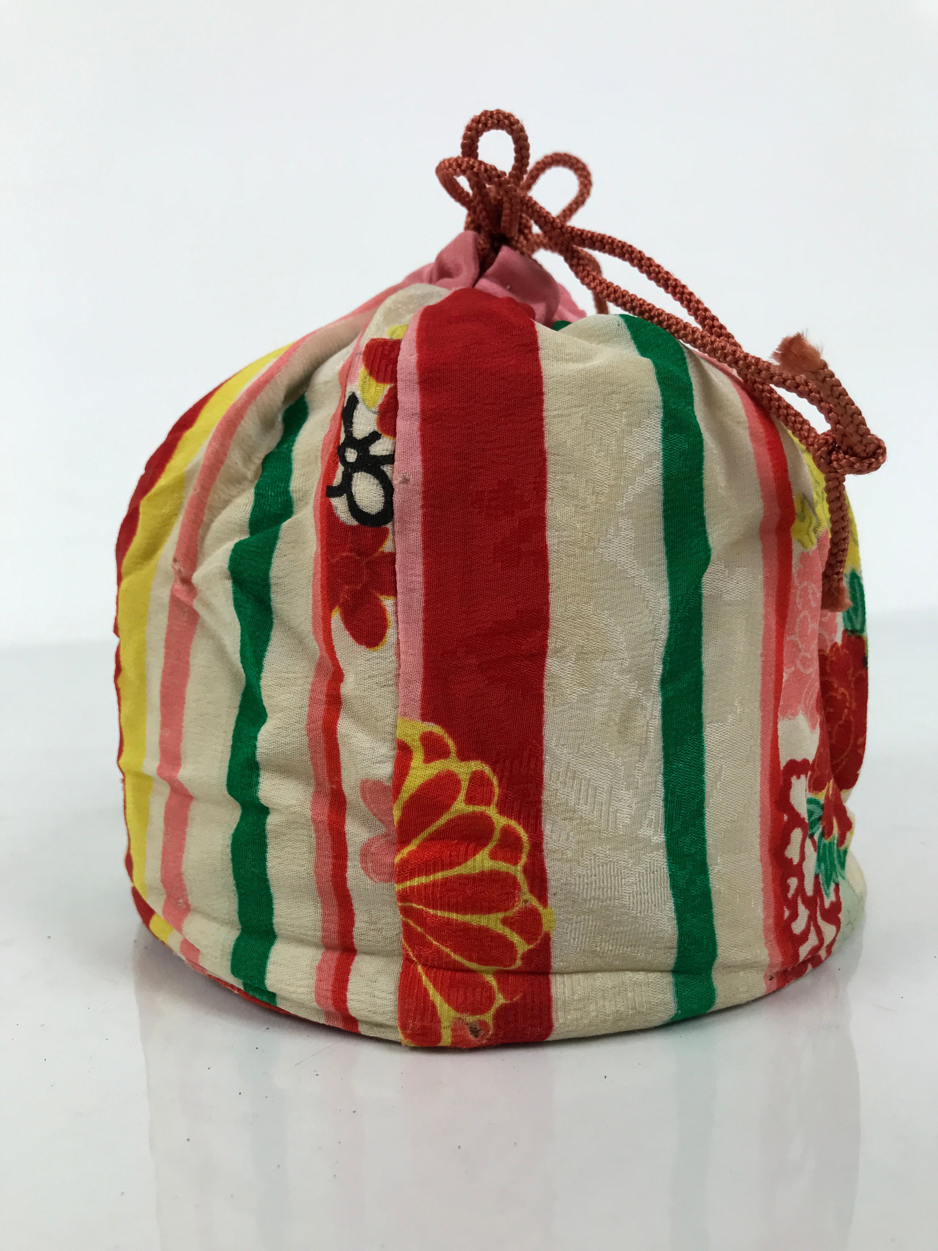 Japanese Kimono Silk Purse Kinchaku-Bukuro Bag Vtg Pouch Floral Red Pink KB98