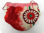 Japanese Kimono Silk Purse Kinchaku-Bukuro Bag Vtg Pouch Floral Red Pink KB99