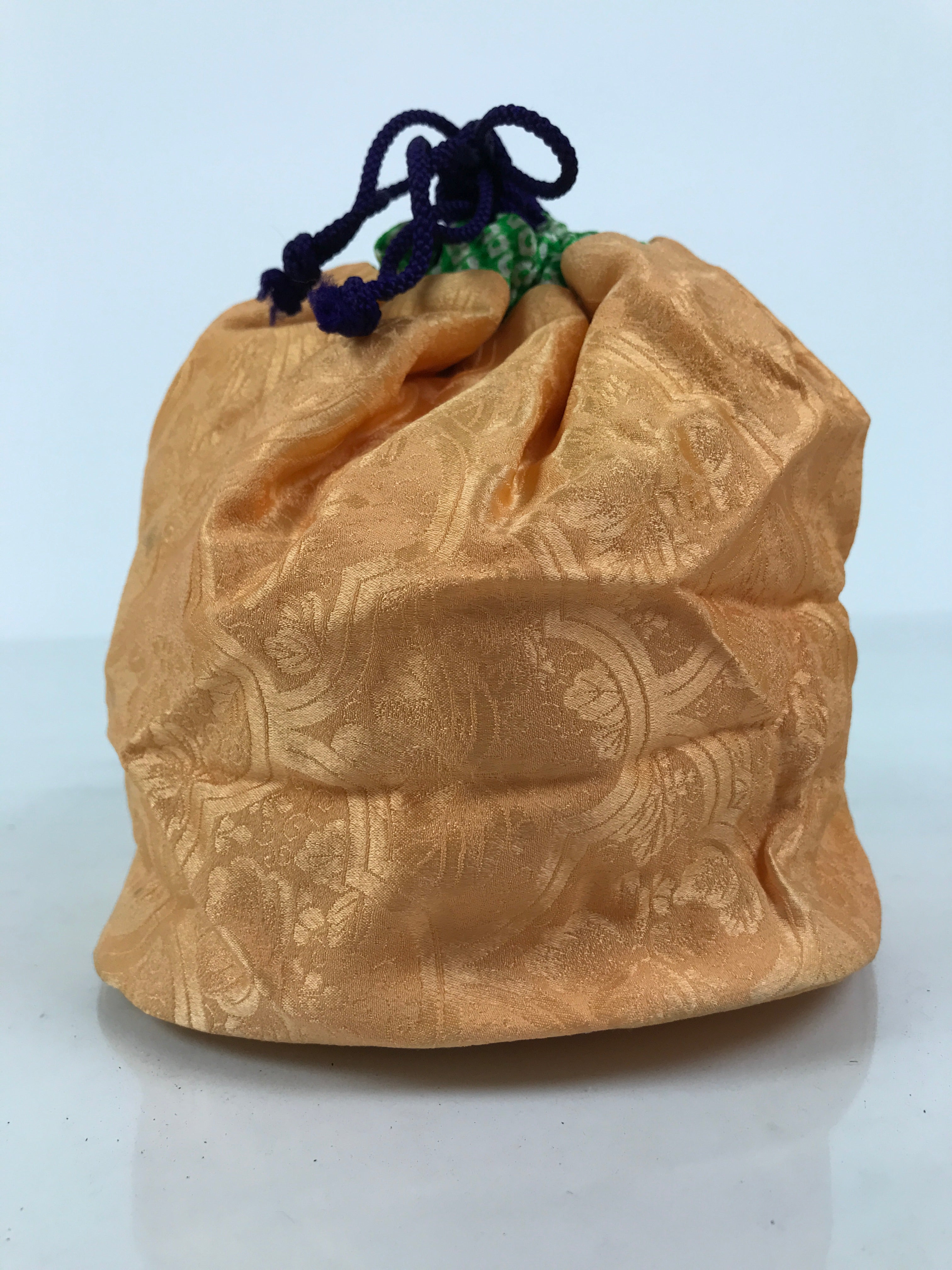 Japanese Kimono Silk Purse Kinchaku-Bukuro Bag Vtg Pouch Orange Green Kiri KB97