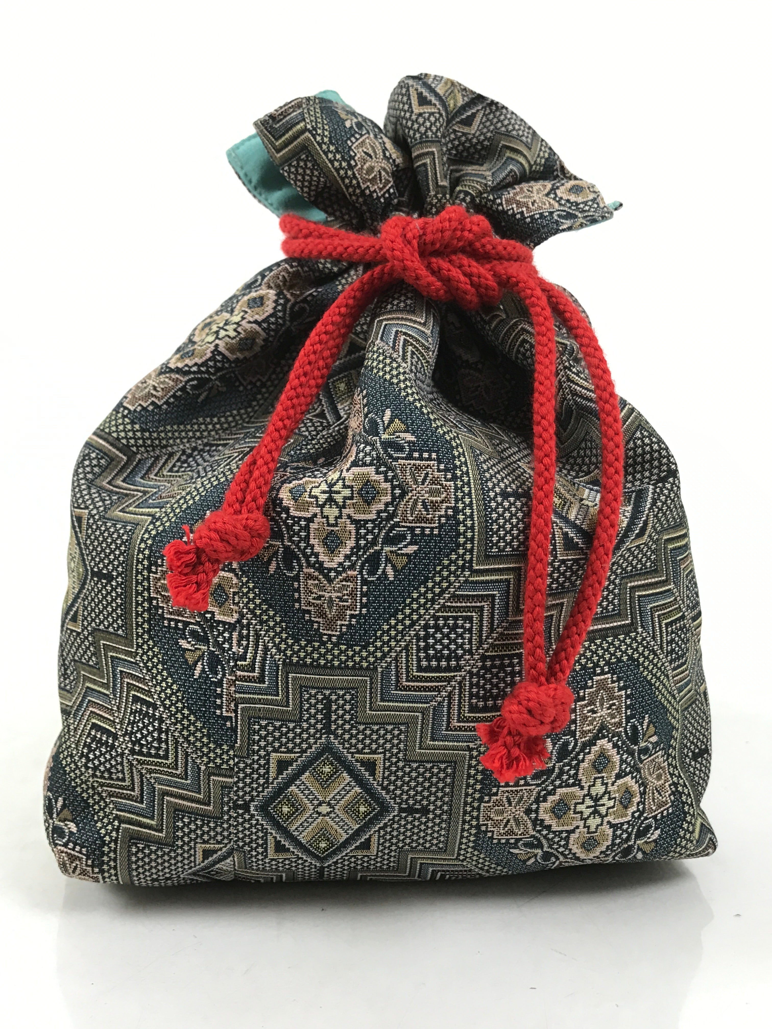 Japanese Kinchaku-Bukuro Bag Vtg Kimono Cloth Purse Pouch Geometric Floral KB95