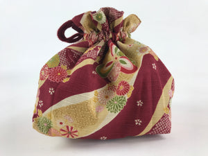 Japanese Kinchaku-Bukuro Drawstring Bag Vtg Kimono Cloth Purse Pouch Flowers KB6