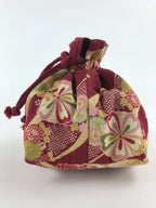 Japanese Kinchaku-Bukuro Drawstring Bag Vtg Kimono Cloth Purse Pouch Flowers KB6