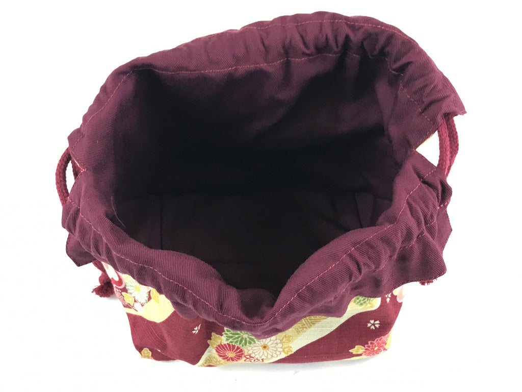 Japanese Kinchaku-Bukuro Drawstring Bag Vtg Kimono Cloth Purse Pouch Flowers KB6