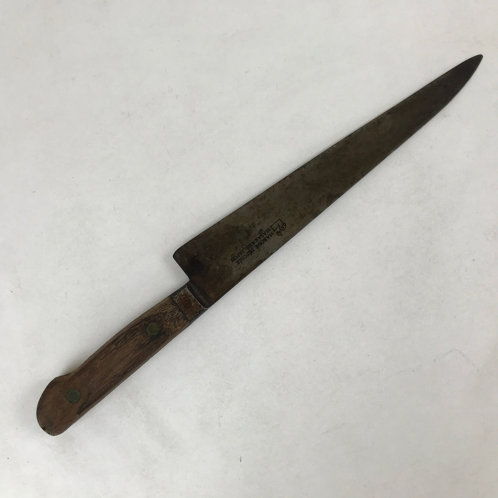 Japanese Kitchen Knife Vtg Masakane Japon Brown Steel Wood Long Hocho KN7