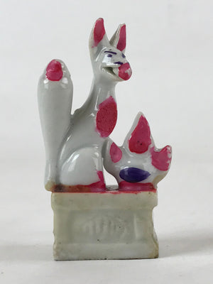 Japanese Kitsune White Fox Small Figurine Vtg Ceramic White Red Inari God BD940