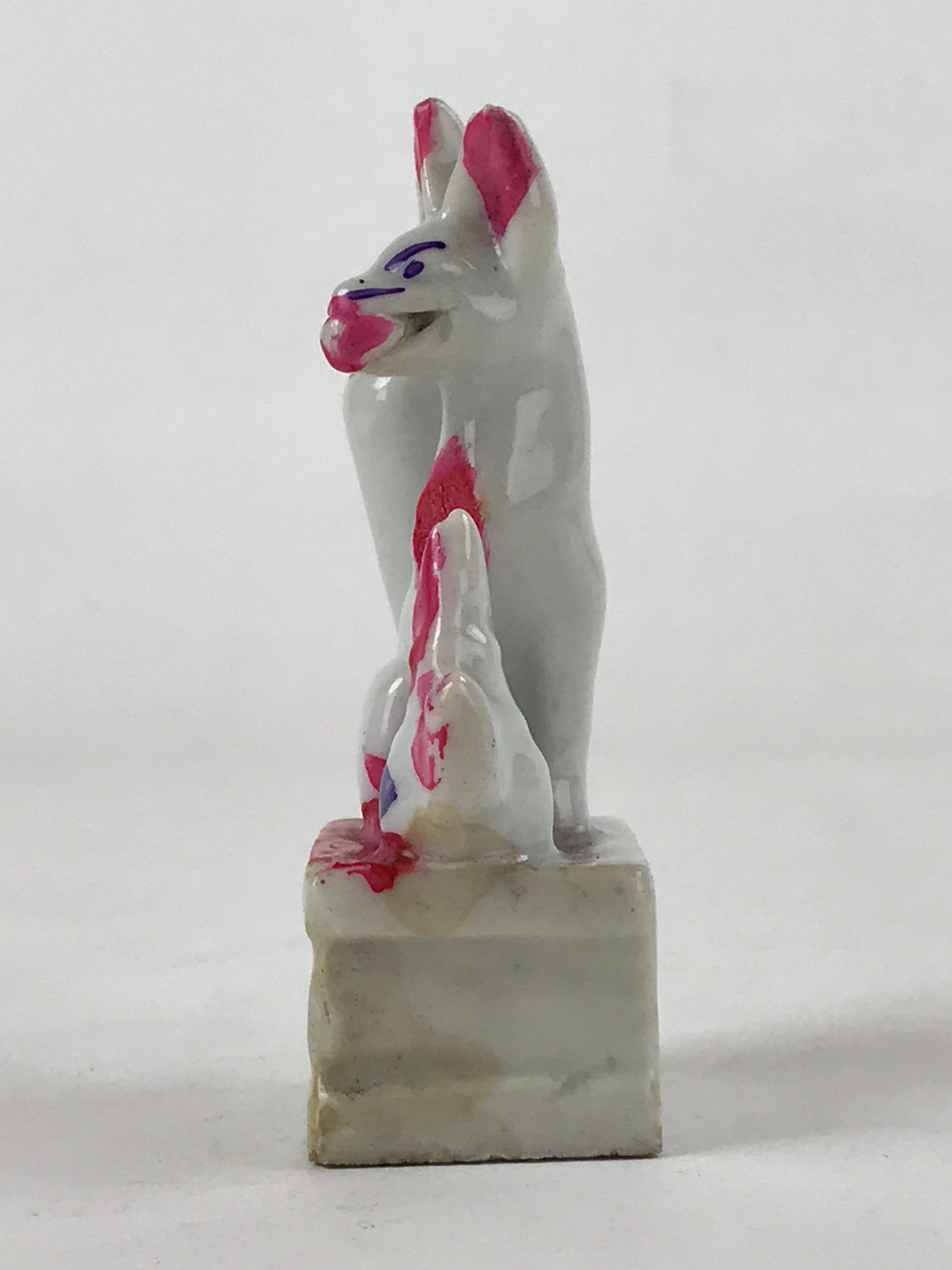 Japanese Kitsune White Fox Small Figurine Vtg Ceramic White Red Inari God BD940