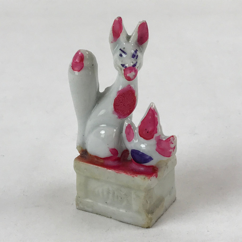 Japanese Kitsune White Fox Small Figurine Vtg Ceramic White Red Inari God BD940