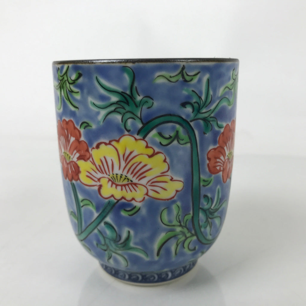Japanese Kiyomizu Ware Porcelain Yunomi Teacup Vtg Peony Flowers Blue TC522