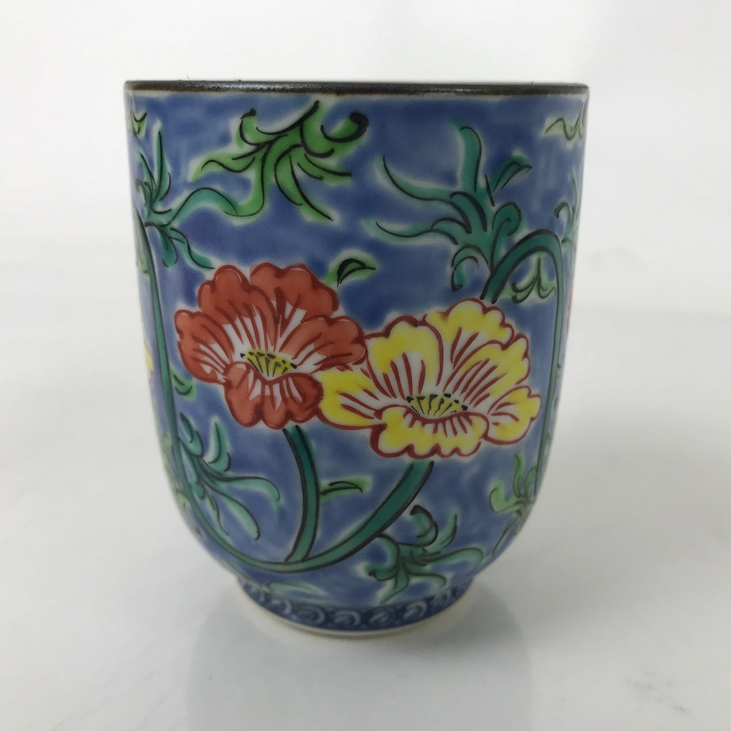 Japanese Kiyomizu Ware Porcelain Yunomi Teacup Vtg Peony Flowers Blue TC522