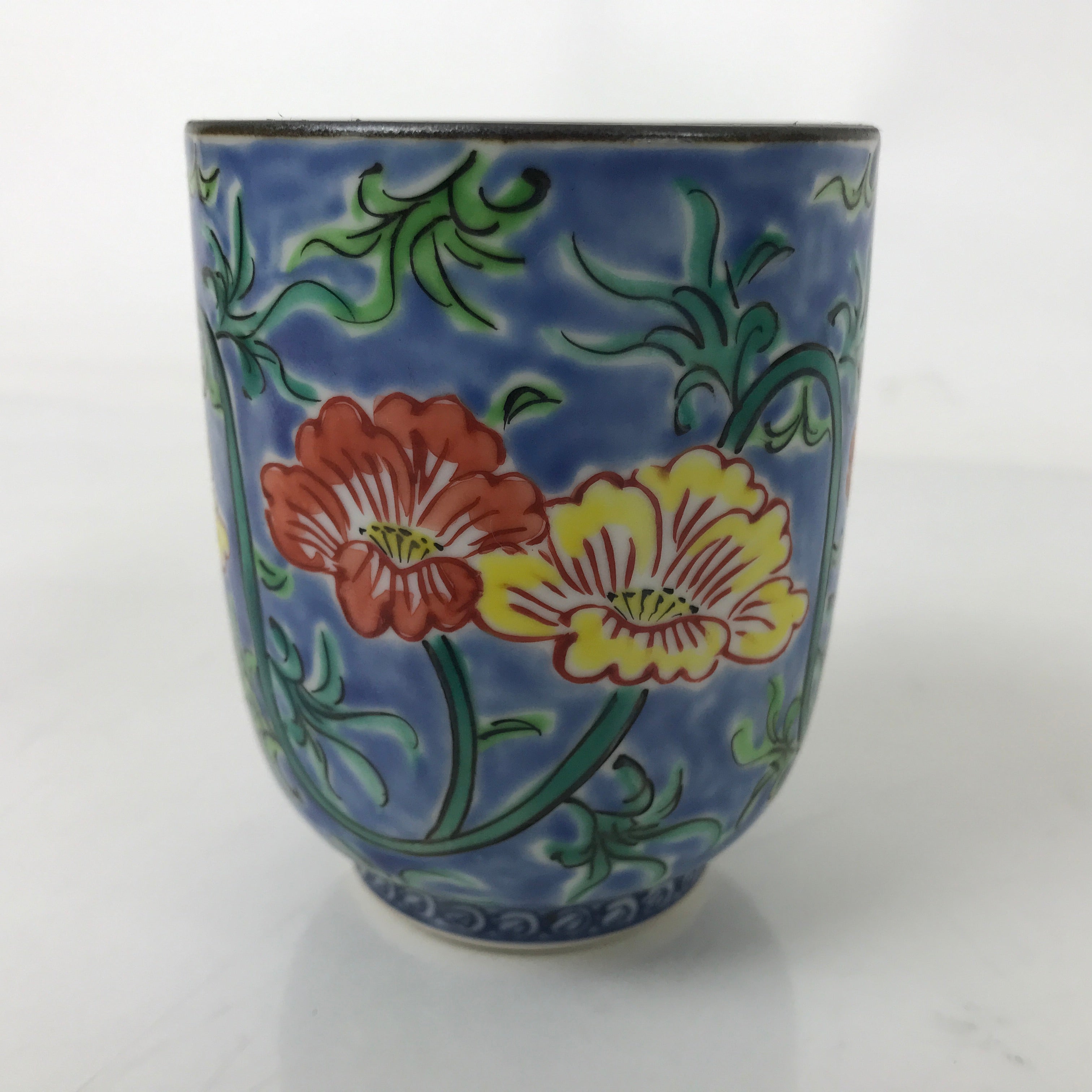 Japanese Kiyomizu Ware Porcelain Yunomi Teacup Vtg Peony Flowers Blue TC522