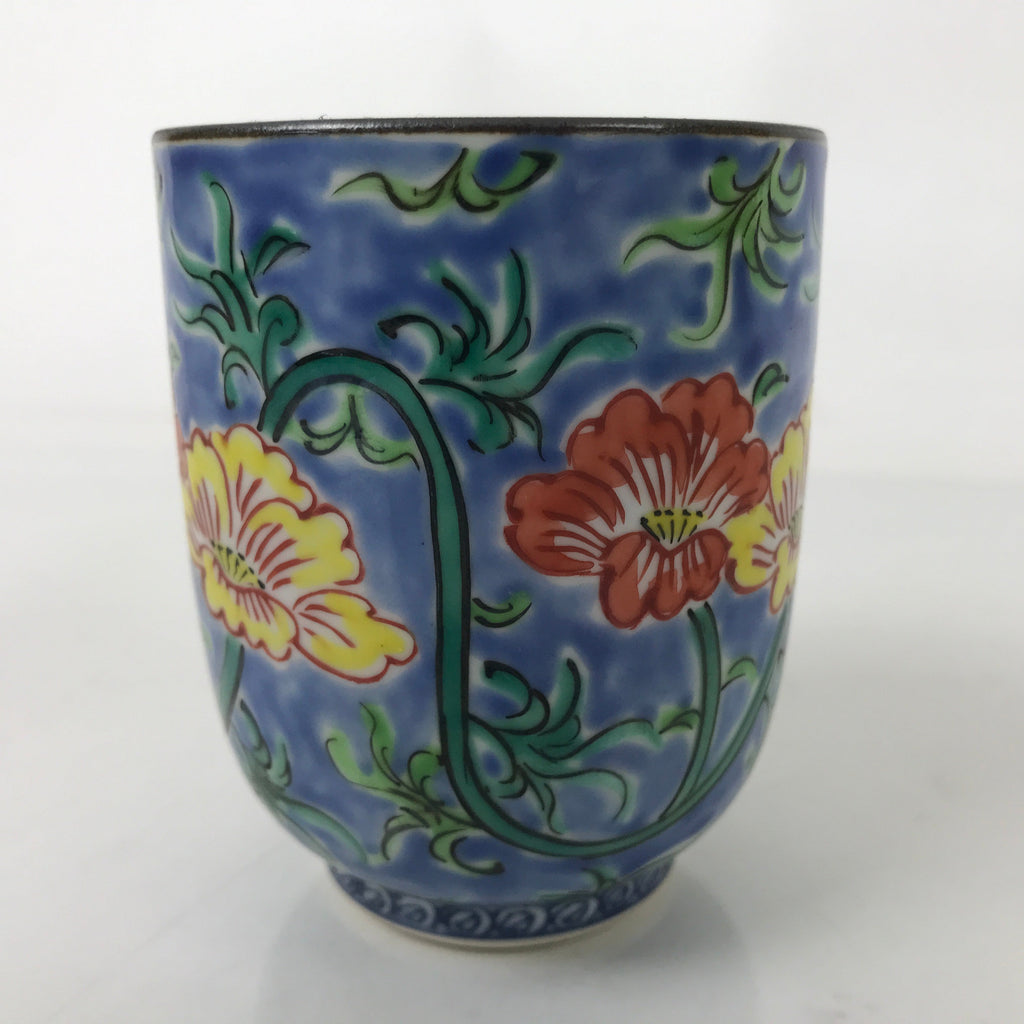 Japanese Kiyomizu Ware Porcelain Yunomi Teacup Vtg Peony Flowers Blue TC522