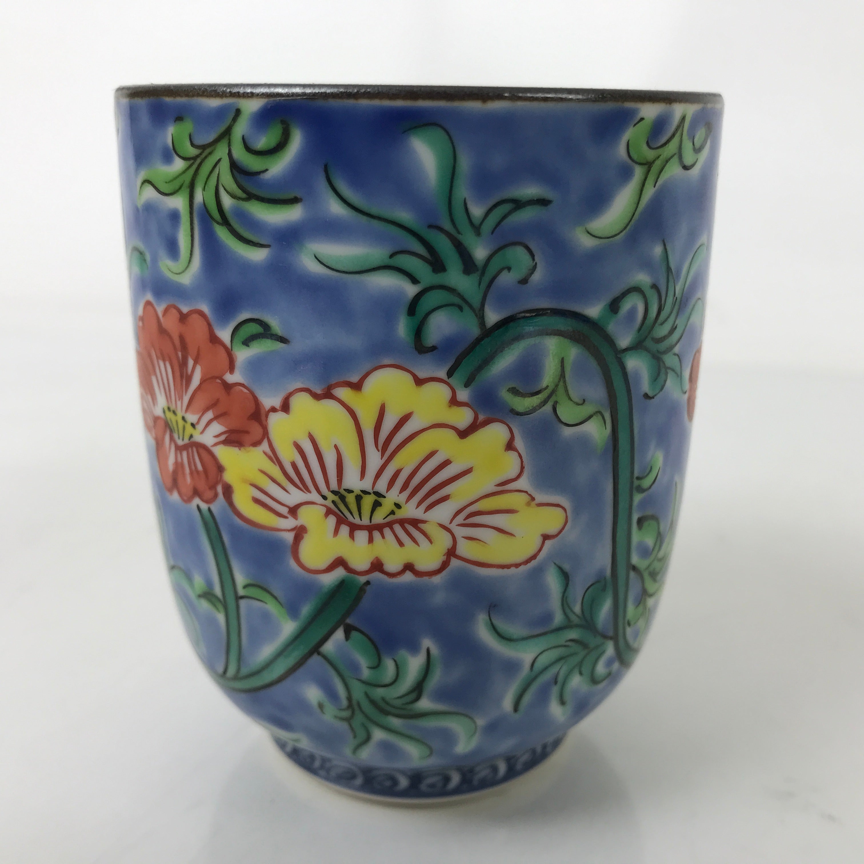 Japanese Kiyomizu Ware Porcelain Yunomi Teacup Vtg Peony Flowers Blue TC522