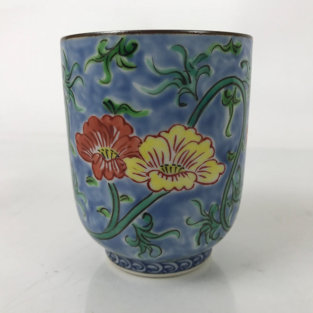 Japanese Kiyomizu Ware Porcelain Yunomi Teacup Vtg Peony Flowers Blue TC523