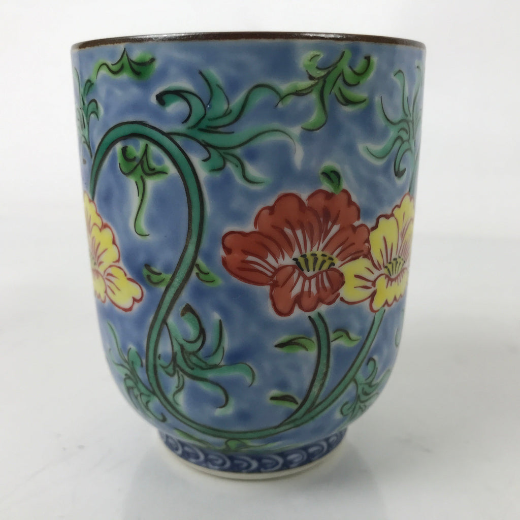 Japanese Kiyomizu Ware Porcelain Yunomi Teacup Vtg Peony Flowers Blue TC523