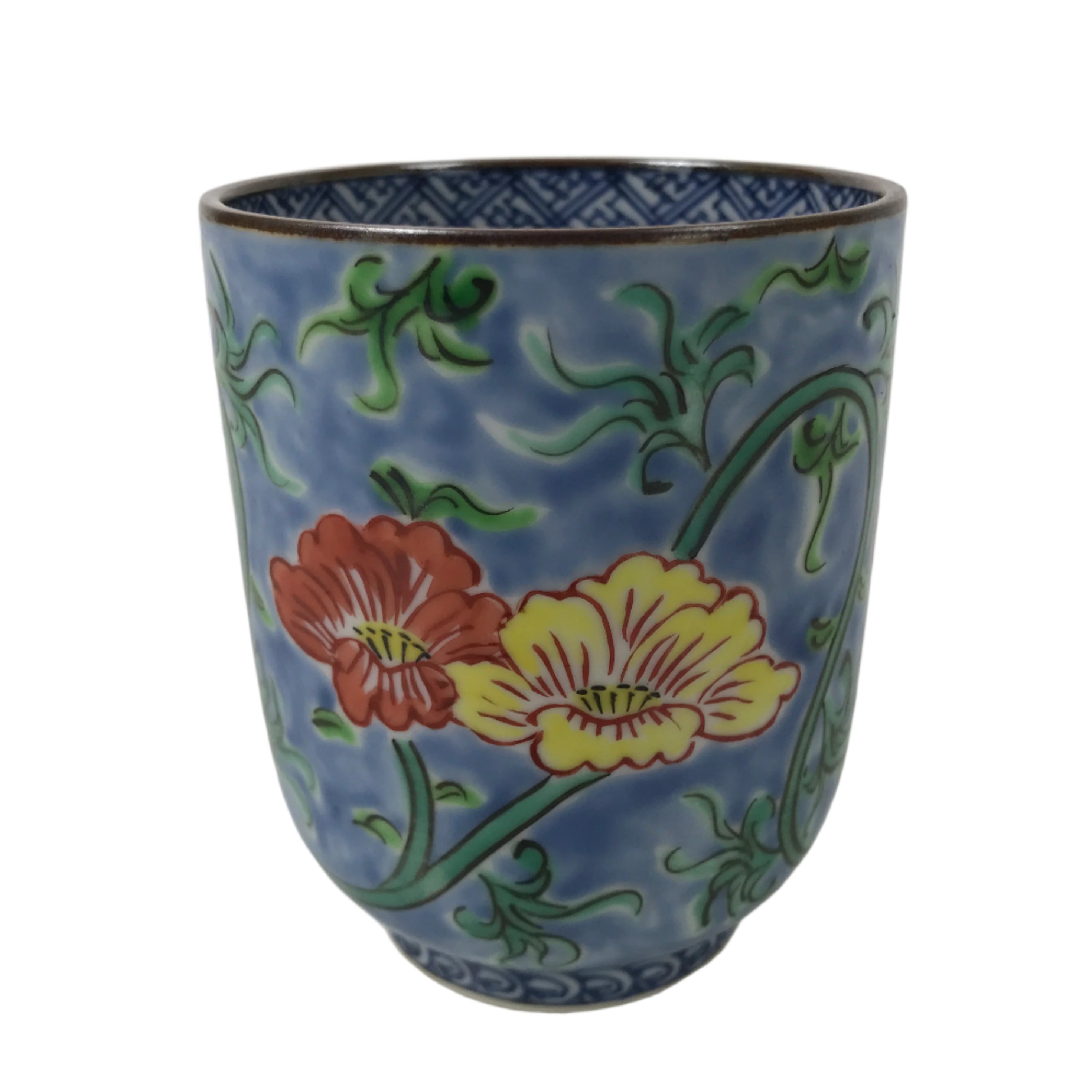 Japanese Kiyomizu Ware Porcelain Yunomi Teacup Vtg Peony Flowers Blue TC523