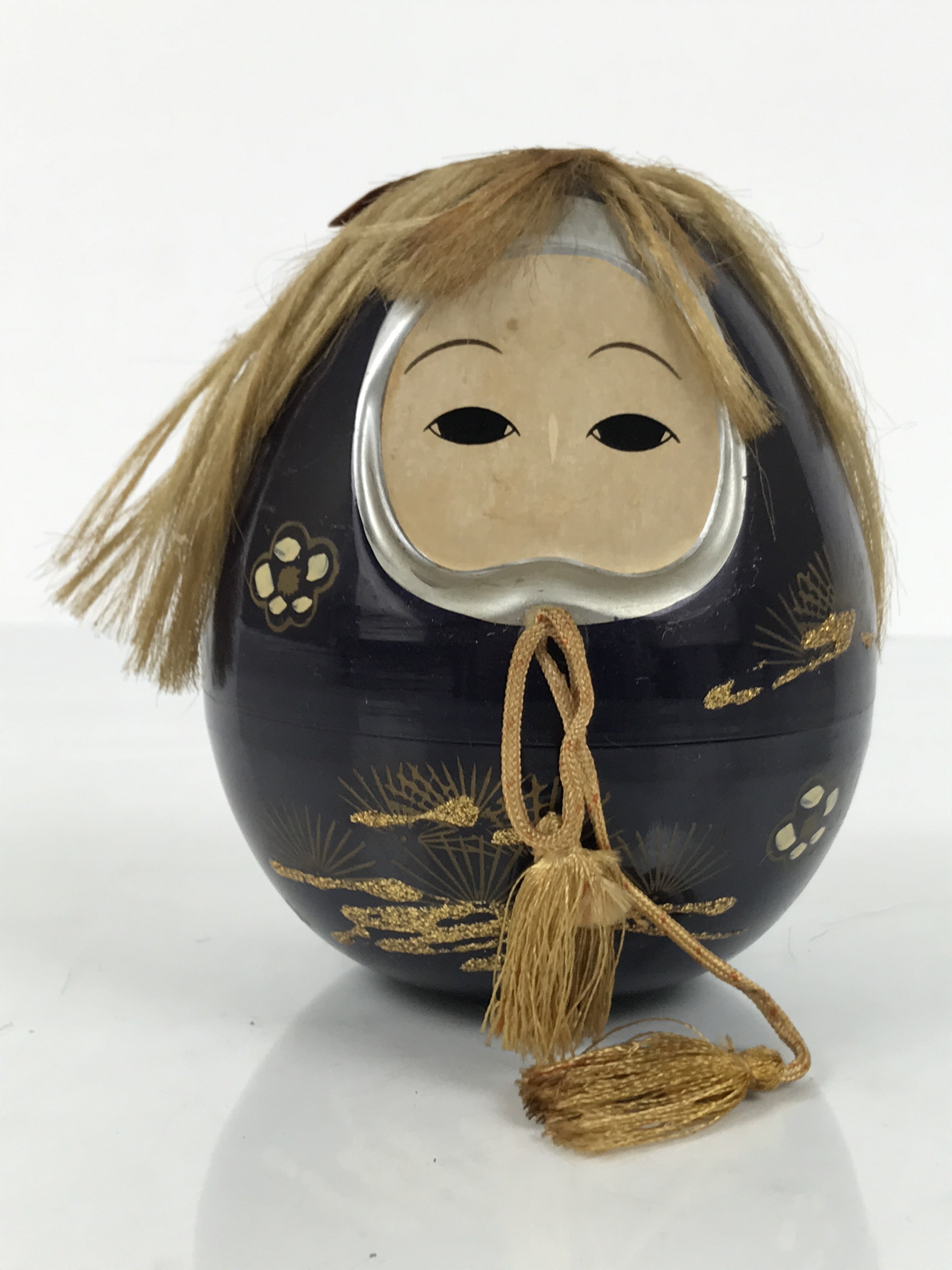 Japanese Kokeshi Doll Vtg Figurine Black Container Hime Daruma Tassel Gold KF796