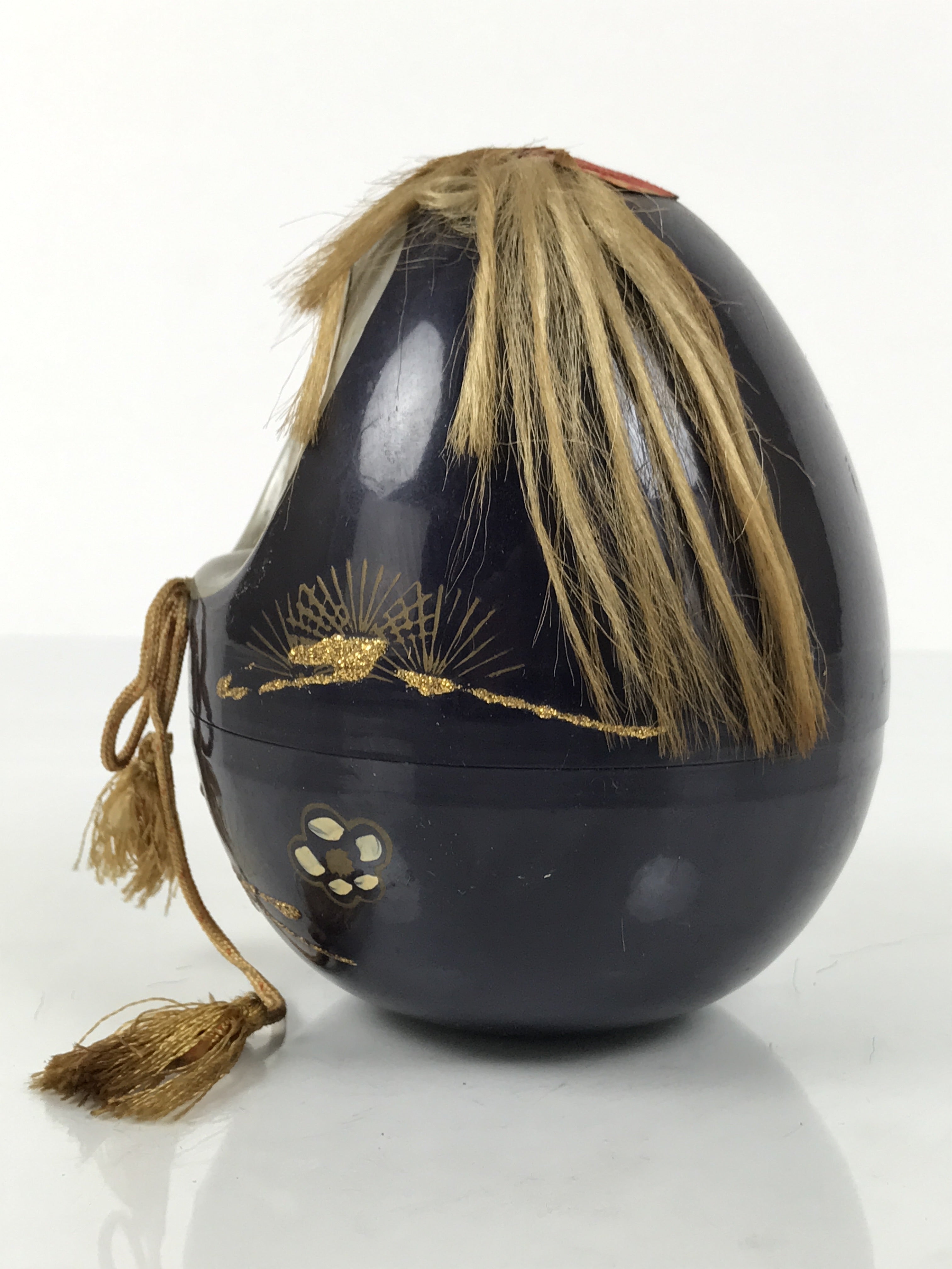 Japanese Kokeshi Doll Vtg Figurine Black Container Hime Daruma Tassel Gold KF796