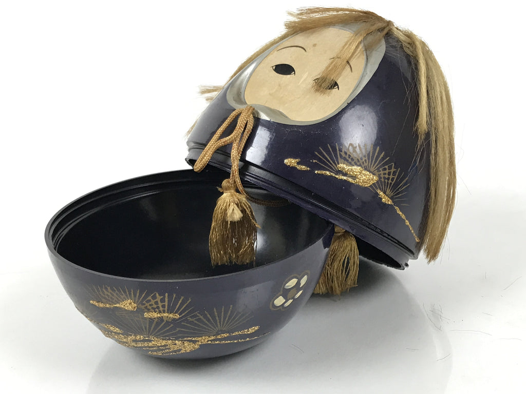 Japanese Kokeshi Doll Vtg Figurine Black Container Hime Daruma Tassel Gold KF796