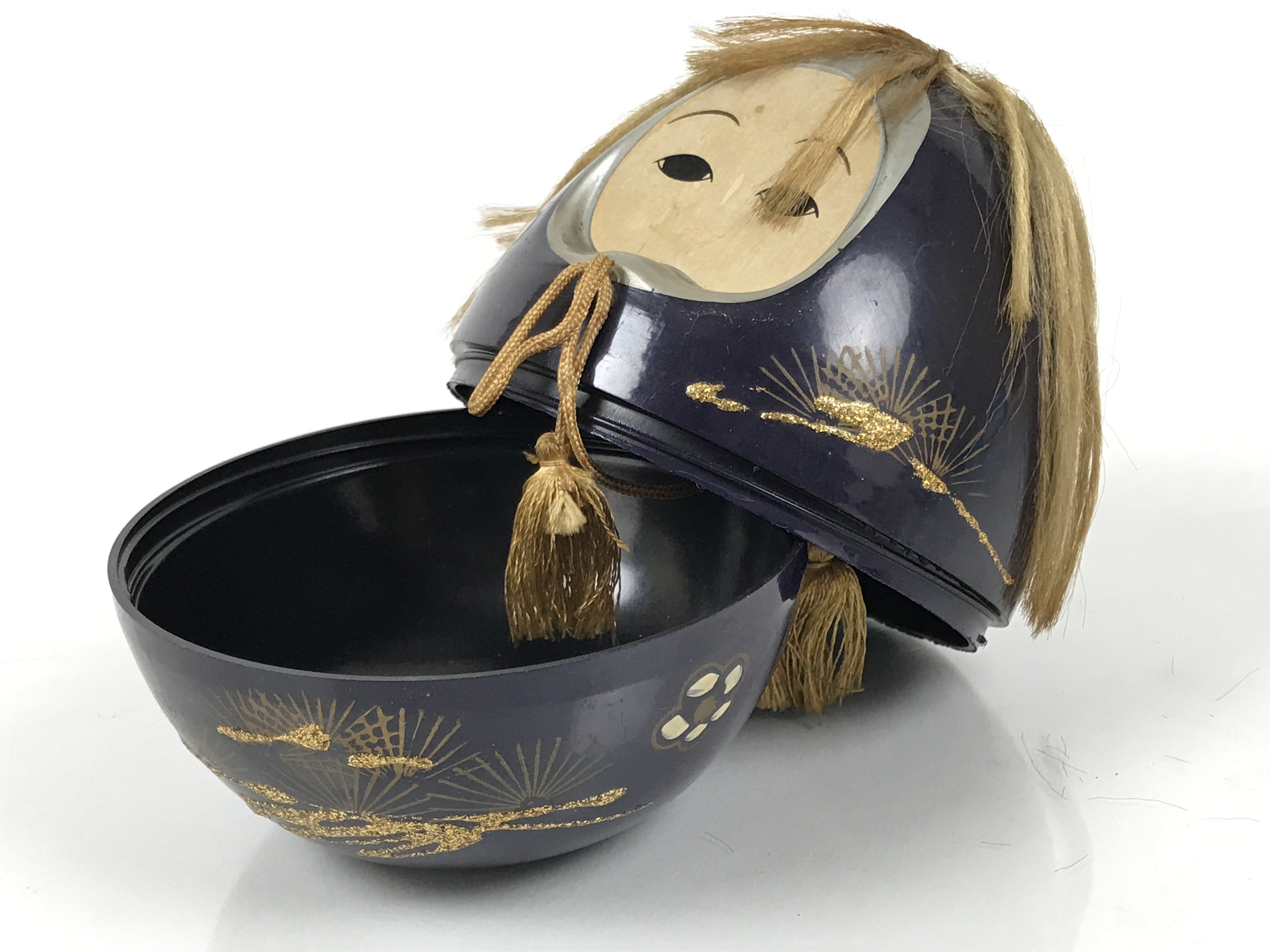 Japanese Kokeshi Doll Vtg Figurine Black Container Hime Daruma Tassel Gold KF796