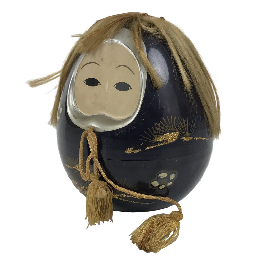 Japanese Kokeshi Doll Vtg Figurine Black Container Hime Daruma Tassel Gold KF796